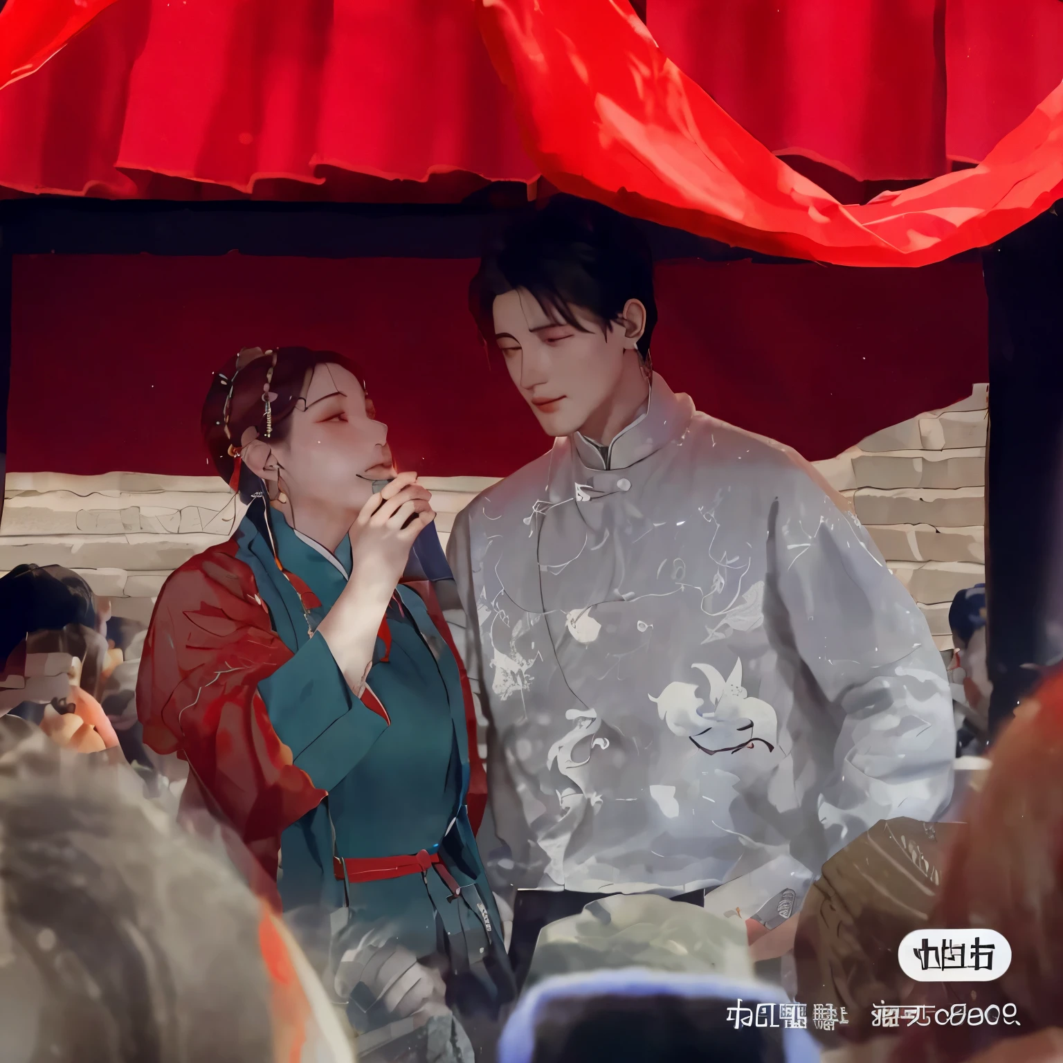 there is a man and woman standing under a red umbrella, jia, cai xukun, hanfu, Hungry Ghost Festival, wearing ancient chinese clothes, with acient chinese clothes, handsome, ruan jia and fenghua zhong, 8k)), lu ji, performing on stage, yiqiang and shurakrgt