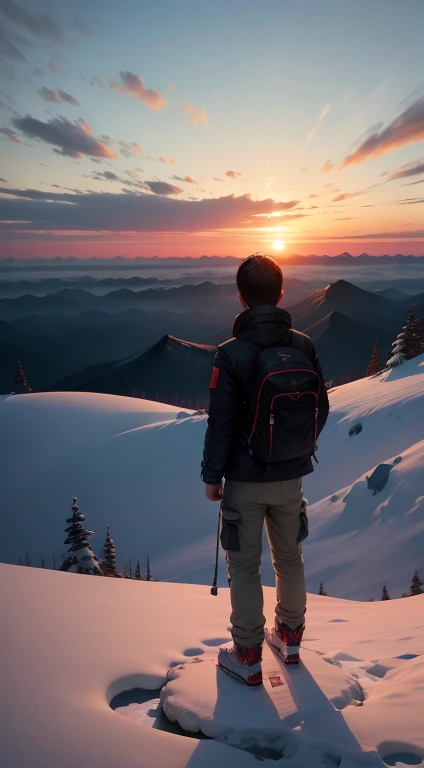 A boy standing on snow mountain,facing backside,realistic,sunset view,a healthy boy,fell dark for the sun