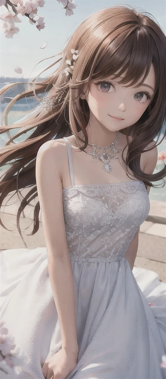 Layla (masterpiece), (highest quality), (super detailed),(messy hair),(figure), (1 girl), beautiful detailed eyes,delicate beautiful face,floating,(high color saturation),(colorful splashes),colorful bubble,(shining),focus on face, Cherry blossom trees, g;walk, golden star and lantern,white dress, Smile
