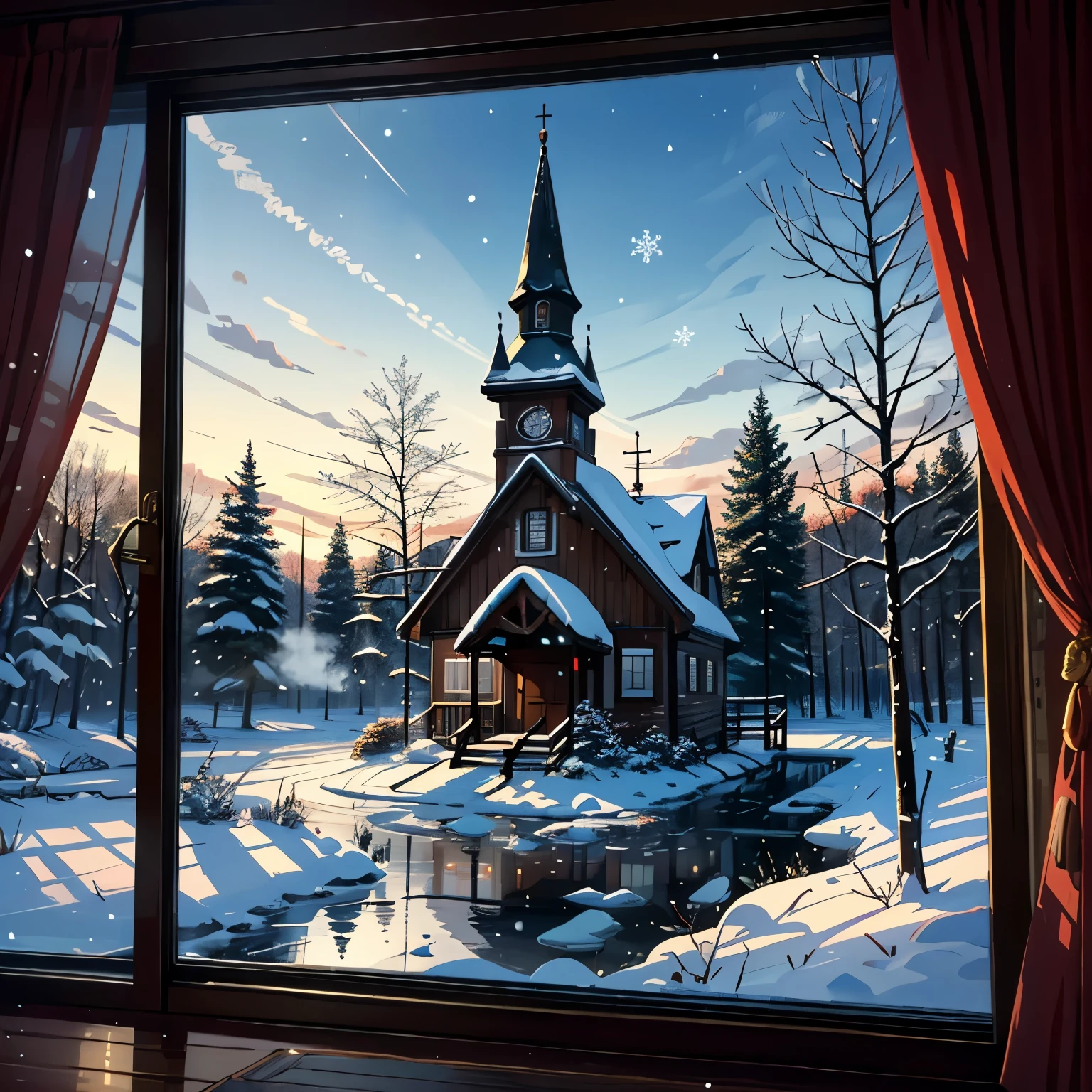 (masterpiece), High Quality, 1man, Winter scenery, Cozy cabin, Snowfall, Crystal clear glass, Reflection of warm fireplace, (Detailed background: 1.0), (Enchanting ambiance: 1.0), Realistic snowflakes, Steaming mug of hot cocoa, Quilted blanket, Reading a book, (Northern town: 1.5), Icy trees, Frozen pond, Horse-drawn sleighs, Smoke rising from chimneys, Church steeple in the distance, Dogs playing in the snow, (Window frame: 1.0), Markings of frost on the glass, 