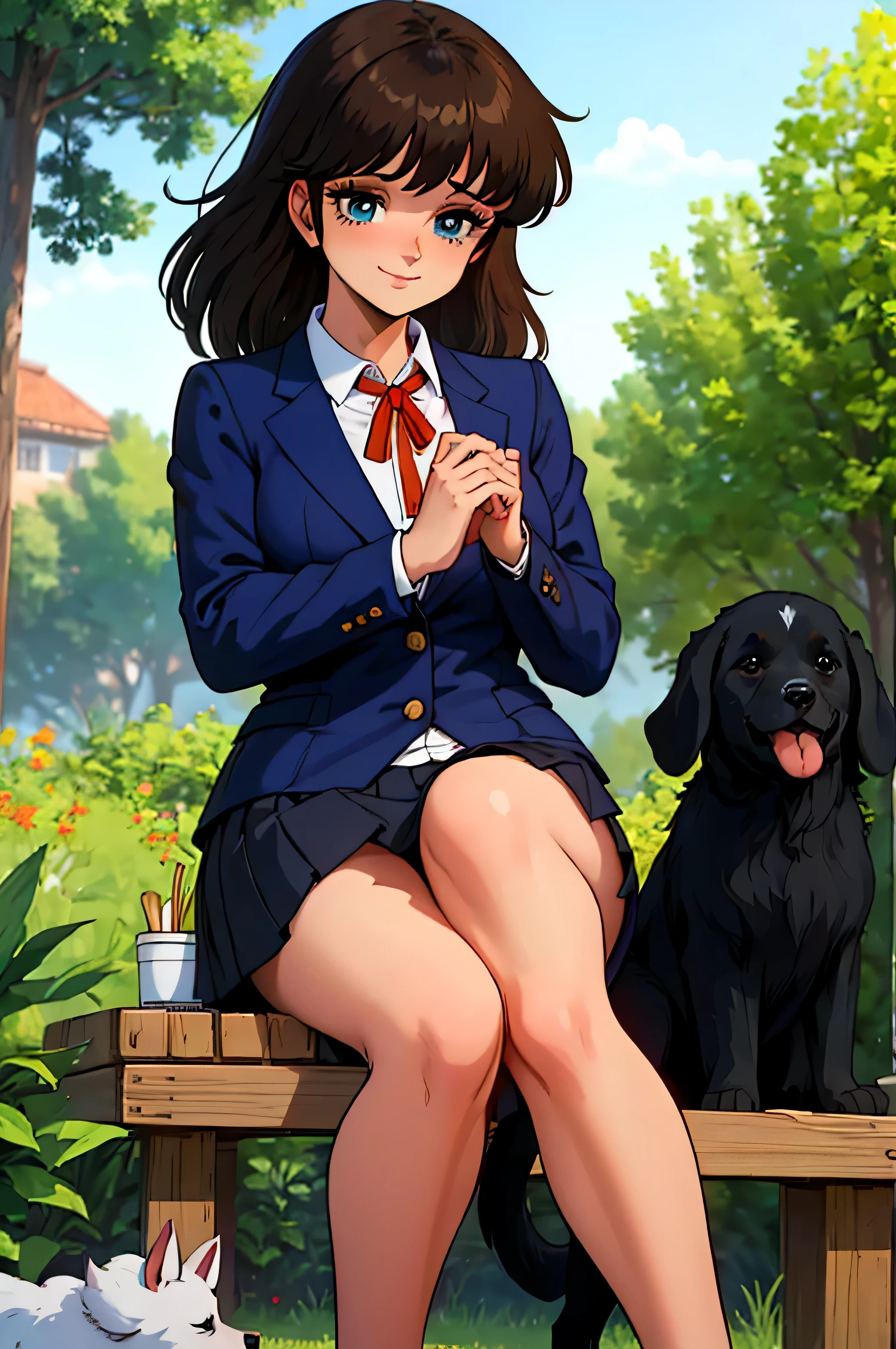 Anime girl sitting on a bench with two dogs and a cat - SeaArt AI