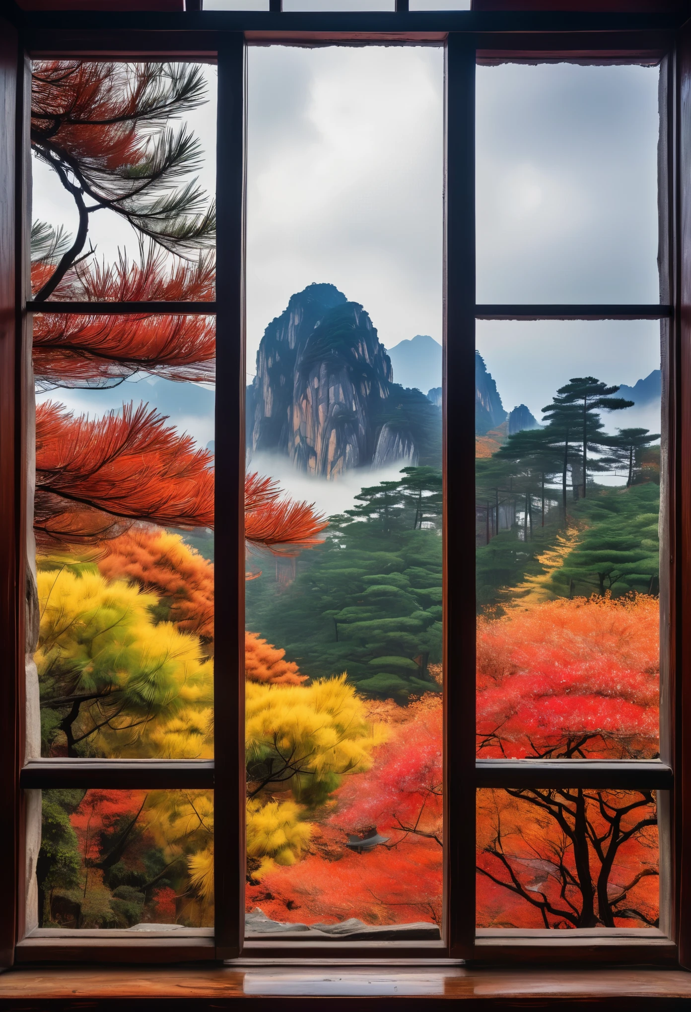 An open window in an old house, with a view of Mount Huangshan Mountain outside, shrouded in clouds and mist. The pine tree on top has colorful autumn colors. In front of it was one wall that had fallen off, adding to its visual appeal. This photo captures the scenery through the windows, presenting high definition photography effects. High resolution, rich details, wide angle lens, natural light, static composition, color contrast, in the style of impressionist photography.