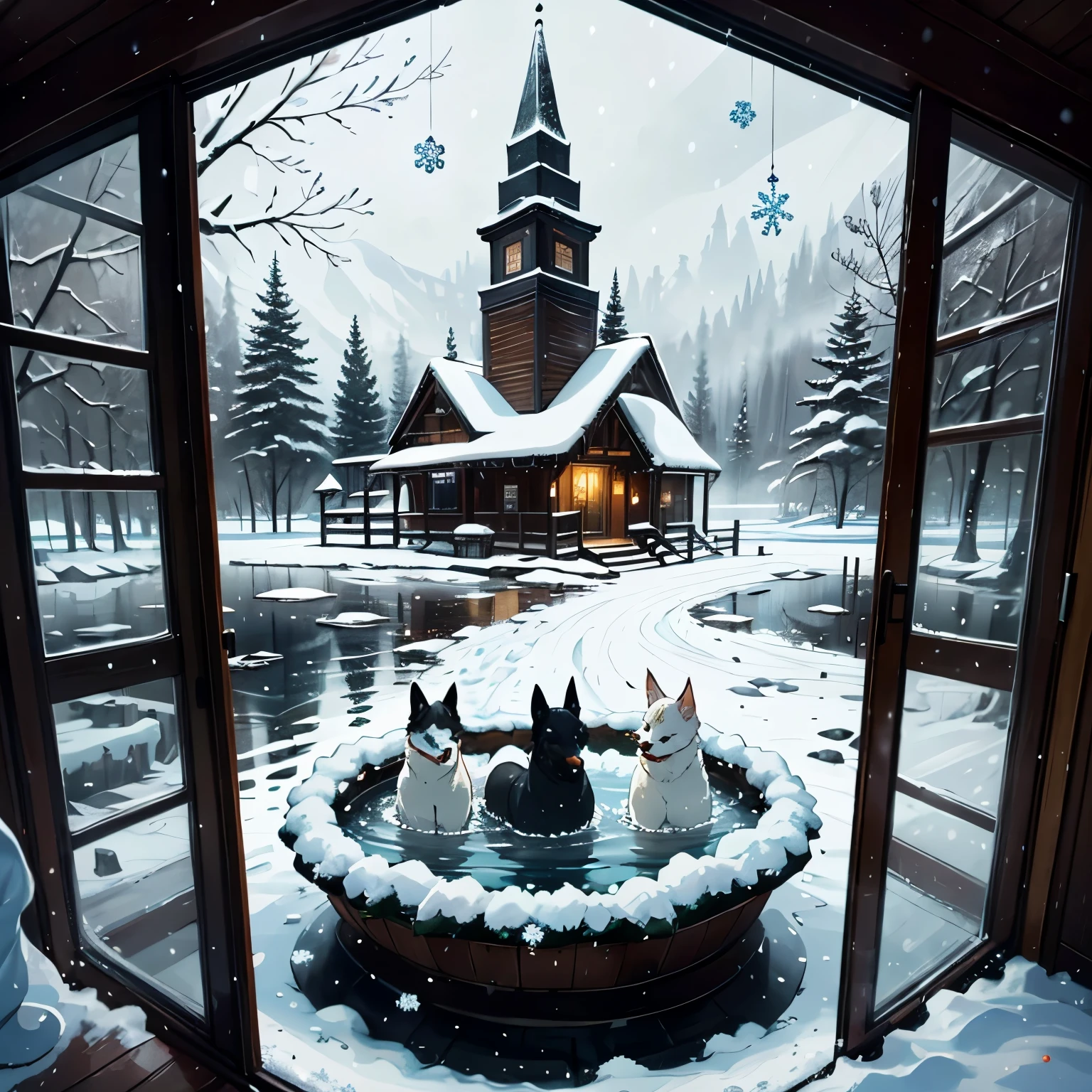 (masterpiece), High Quality, man, Winter scenery, Cozy cabin, Snowfall, Crystal clear glass, Reflection of warm fireplace, (Detailed background: 1.0), (Enchanting ambiance: 1.0), Realistic snowflakes, Steaming mug of hot cocoa, Quilted blanket, Reading a book, (Northern town: 1.5), Icy trees, Frozen pond, Horse-drawn sleighs, Smoke rising from chimneys, Church steeple in the distance, Dogs playing in the snow, (Window frame: 1.0), Markings of frost on the glass, 