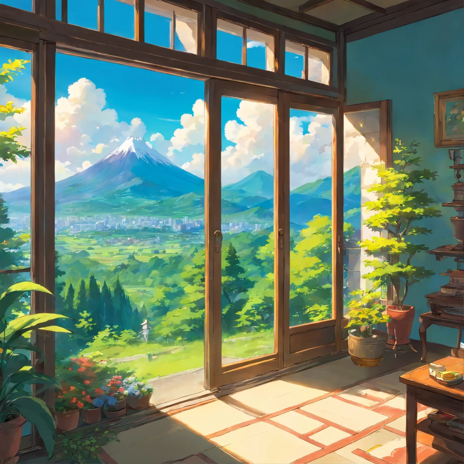 The scenery outside the window,Sunlight floods into the room through the windows,The trees outside the window are swaying,The mountains in the distance are rolling,The blue sky and white clouds complement each other,Quiet and beautiful。