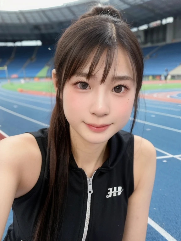 (kawaii 24 year-old Japanese girl, athlete body, Nogizaka idol, Korean idol), (glossy black hair, high ponytail:1.3), (rounded face, single eyelid, no makeup, soft smiling:1.2), bangs, (wearing tracksuits:1.3), (well shaped extra small breasts), (looking at viewer:1.2), BREAK, (track and field stadium background, summer daytime, bright sunlight:1.3), (dynamic angle:1.3), BREAK, (masterpiece, best quality, photo realistic, official art:1.4), (UHD, 8K quality wallpaper, high resolution, raw photo, film grain:1.2), (shiny skin), professional lighting, physically based rendering, award winning, (perfect anatomy, highly detailed skin textures, extremely detailed face and eyes, well drawn glittering pupils), Carl Zeiss 85 mm F/1.4, depth of field, 1girl, solo,