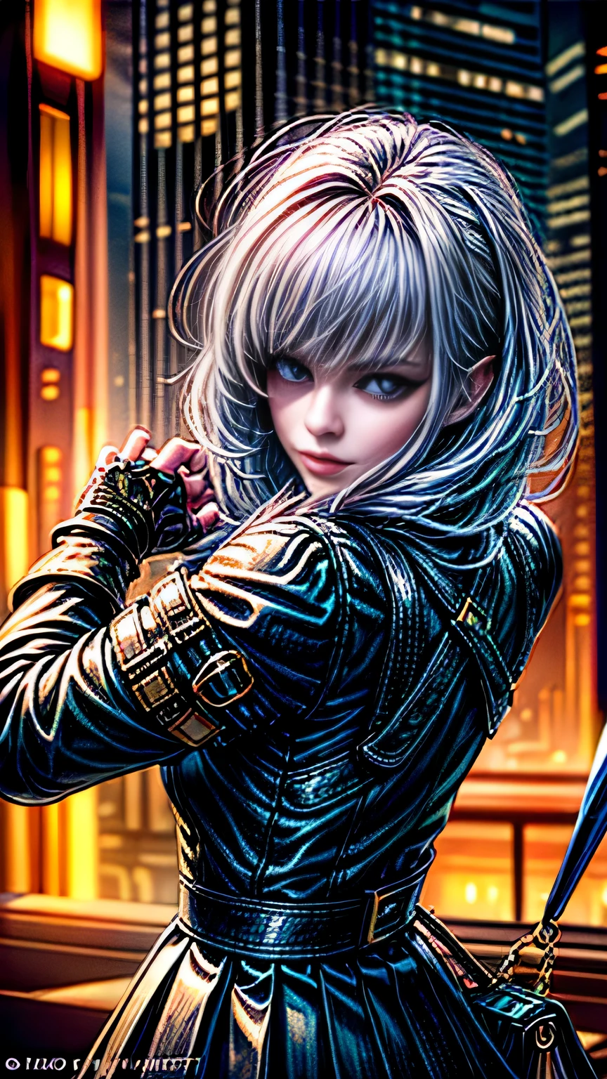 (((close up of face))), highest quality, realistic, realistic, award-winning illustrations, (intricate details: 1.2), (delicate details), (intricate details), (cinematic light, highest qualityのバックライト), clear line, sharp focus, official art, unity 8k wallpaper, absurd, incredibly absurd, Large archive files, Ultra- (in_main visual_street: 1.21), (neon lamp), fantasy art, nffsw, ((Close-up photos of the award-winning Studio Triangle)), 1 girl, incredibly beautiful, (Perfect smiling mouth), small breasts,((cyberpunk cityscape, Valkyrie,knife, robot arm)),Precise in beautiful eyes,perfect face,(cyberpunk blouse, leather jacket, Martin Boots),(perfect hands and fingers),(pleated skirt)), ((Supermodel Bag)), close up of face,