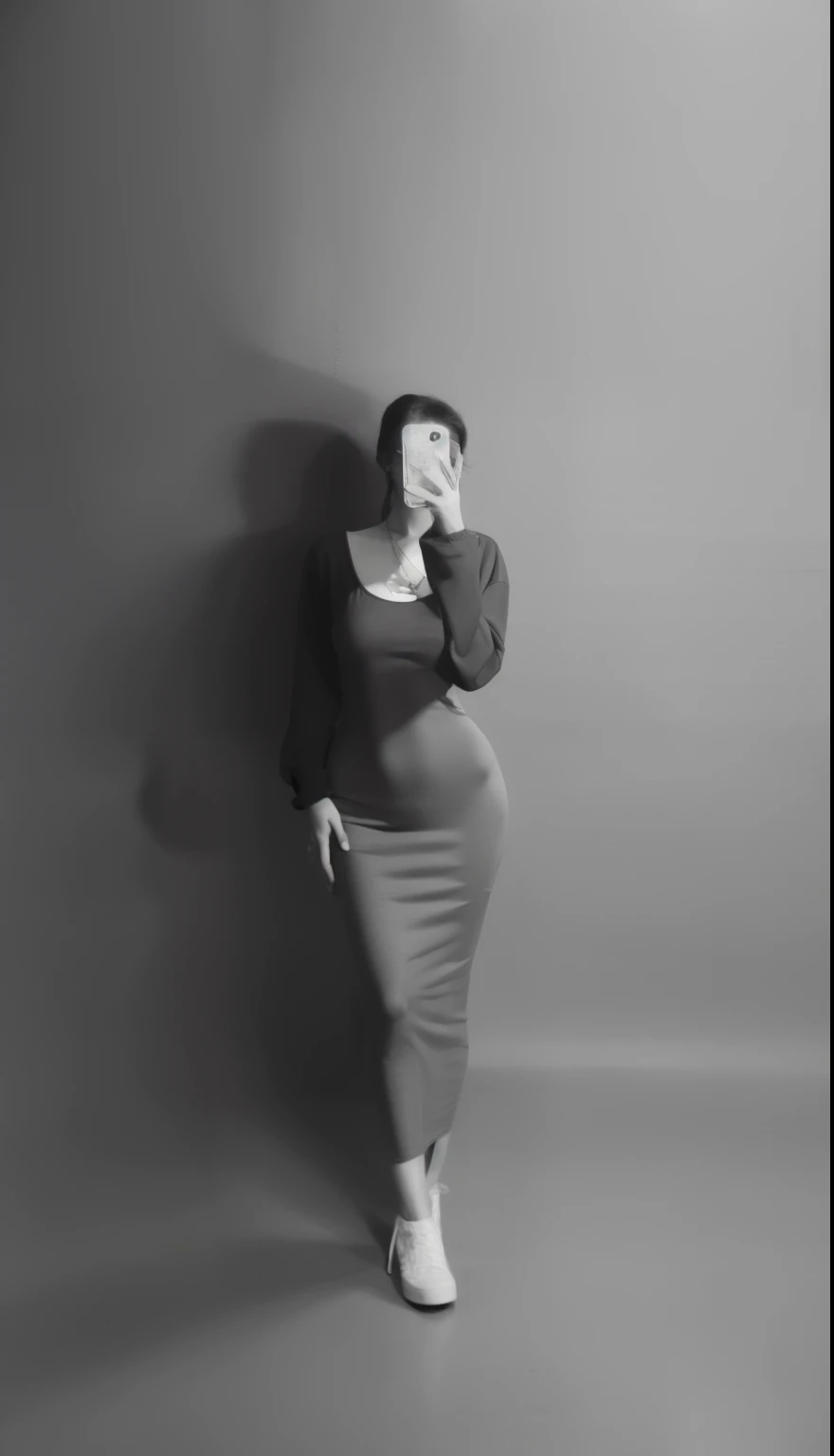 B&W photo, girl in a beautiful long dress, floor-length dress, photo of a girl in a tight dress, girl in a dress with long loose sleeves, girl has a beautiful figure, Wavy hair, wavy hair, beautiful long sleeves on the dress, long dress, photo of a girl in the studio, photo in the mirror, realism, super quality, naturalness