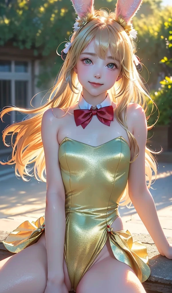 masterpiece, best quality, extremely detailed CG unity 8k wallpaper, (Upper Body head close-up shot of a beautiful little girl), , Elegant Long straight blonde hair, (Mckenna Grace), (flat chest,thighs), (red-green) golden (Glittering tutu,long Bunny Ear Headgear, , Bow-tie, No panties, genitals visible), (spread legs), (Blush), oil skin, (seductive smile), (Wonderland), pretty face, key art, award winning, intricate detail realism hdr, by (ruan jia and artgerm and range murata), Photorealism, Hyperrealism, ultra realistic, dramatic light, intense shadows, gorgeous view, depth of field
 
