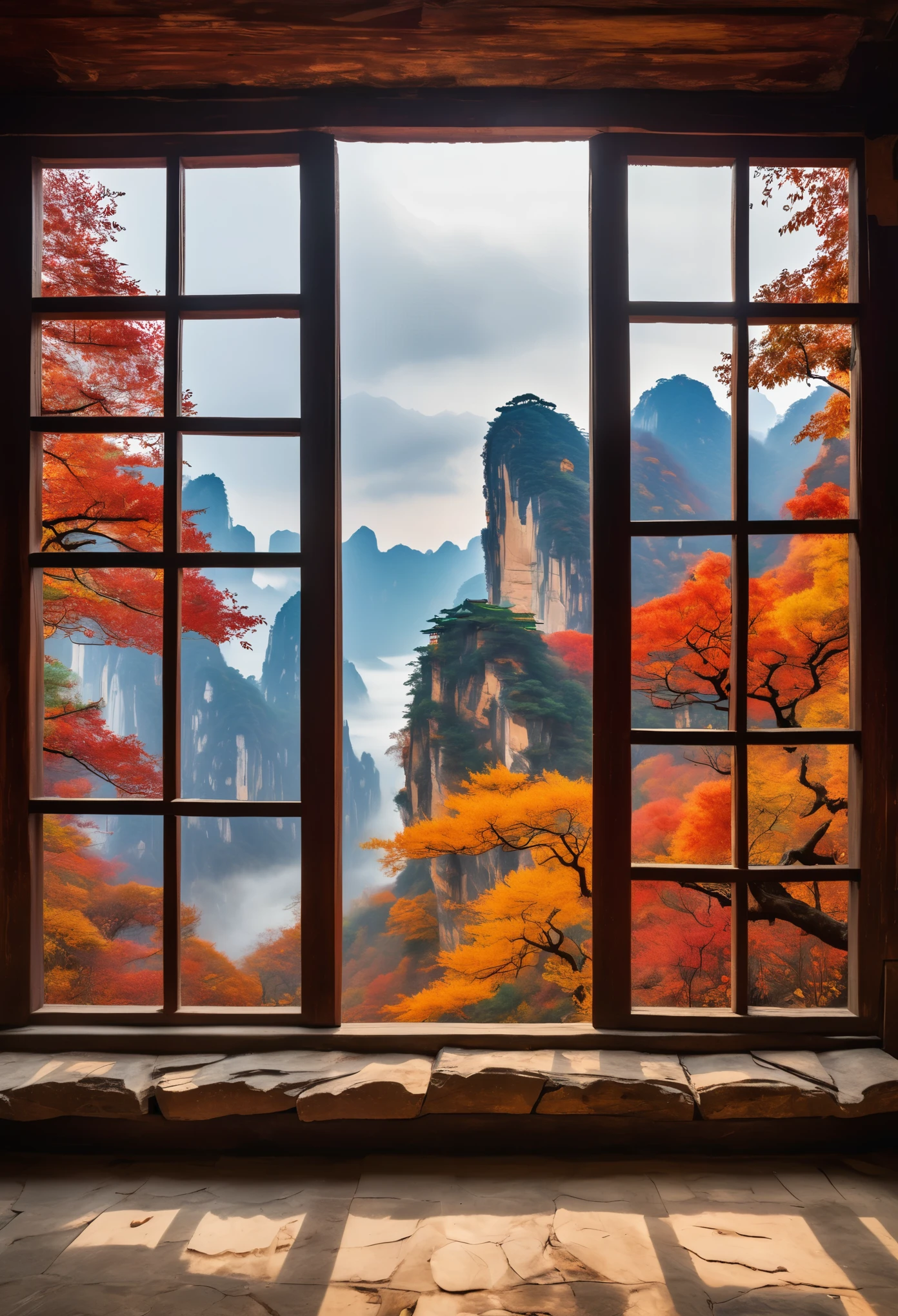 In the old room of an ancient Chinese building, there is a large window with broken wooden frames and peeling wallpaper on its walls. Outside tall cliffs stand in autumn scenery, surrounded by colorful trees, with clouds floating above them. The mist envelops distant mountains, creating a dreamy atmosphere. This scene was captured through photography using Nikon D850 cameras, with high resolution and color quality, in the style of Chinese landscape paintings.