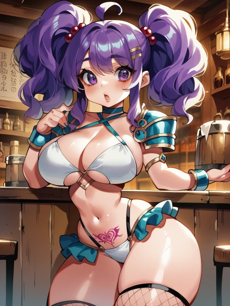 "(by gbu:1.3), score_9, score_8_up, score_8, source_anime, 
fantasy theme, 80s anime style, 
1girl, intricate high detailed, loli_face, 
purple hair, twintails, wavy hair, hair clip, 
purple eyes, cute lips, narrow waist, thick thighs, big breasts, 
ennui, sexy face, open mouth, 
short frilled bikini armor, criss-cross halter, shoulder pads, 
pubic tattoo, ahoge, neckwear, armlet, fishnet tights, 
sexy pose, 
cowboy shot, 
indoors, tavern"