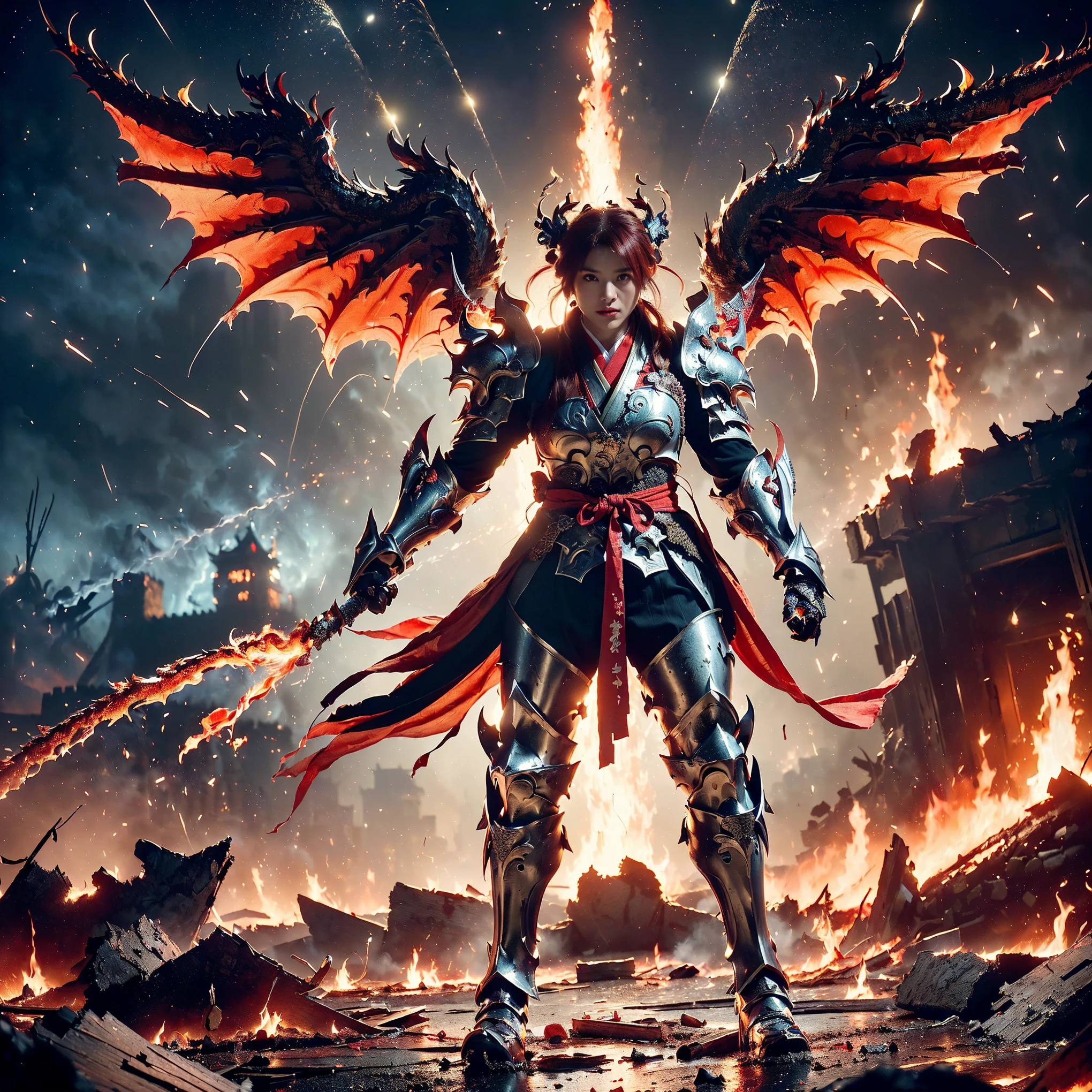 (((Realistic, masterpiece, best quality, crisp detail, high definition, high detail, very rich detail, sharp focus, sharp detail, colorful, rich color, perfect studio lightning))), ((20 years old, beautiful goddes of destructions, red hair)),(((in the middle of war, epic war scene, offensive stance))), wearing (((beautiful decorated golden heavy armor, fire dragon armor, decorated full body armor, fully armored beautiful kimono, wide fire wings))), (holding giant fire), (((blood everywhere, death everywhere, japan bakumatsu period, dead bodies, fire demons, burnt japanese castle, fire dragons, kaiju,meteor shower, red aurora)) flooded by molten lava traditional village background), heavy fire rain,