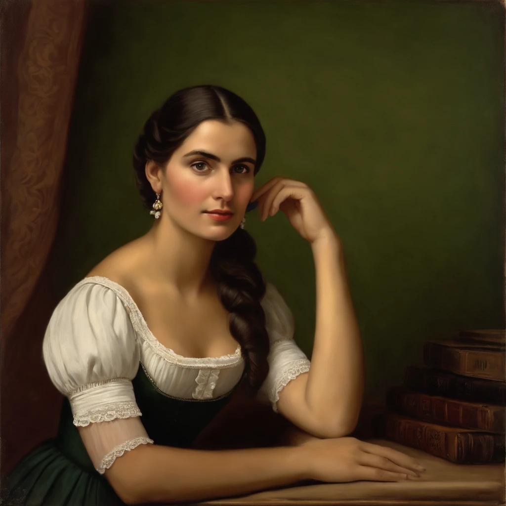 Colombia, Antioquia, year 1806. old image, vintage painting type, of an elegant and haughty rural school teacher. full body image (head to toe) in the classroom. 25 year old woman with green eyes. She wears a period dress, long to the floor, dark brown, blonde hair, a sober updo, her pose is classic and discreet, her hands are joined on her belly and she looks to one side of the camera lens.