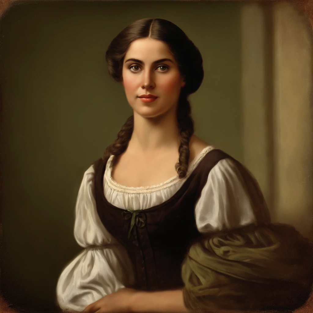 Colombia, Antioquia, year 1806. old image, vintage painting type, of an elegant and haughty rural school teacher. full body image (head to toe) in the classroom. 25 year old woman with green eyes. She wears a period dress, long to the floor, dark brown, blonde hair, a sober updo, her pose is classic and discreet, her hands are joined on her belly and she looks to one side of the camera lens.