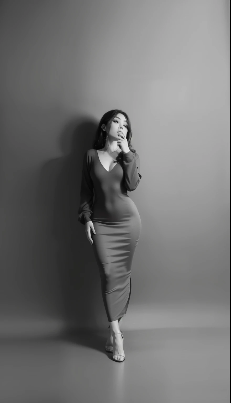 B&W photo, girl in a beautiful long dress, floor-length dress, photo of a girl in a tight dress, girl in a dress with long loose sleeves, girl has a beautiful figure, Wavy hair, wavy hair, beautiful long sleeves on the dress, long dress, photo of a girl in the studio, photo in the mirror, realism, super quality, naturalness