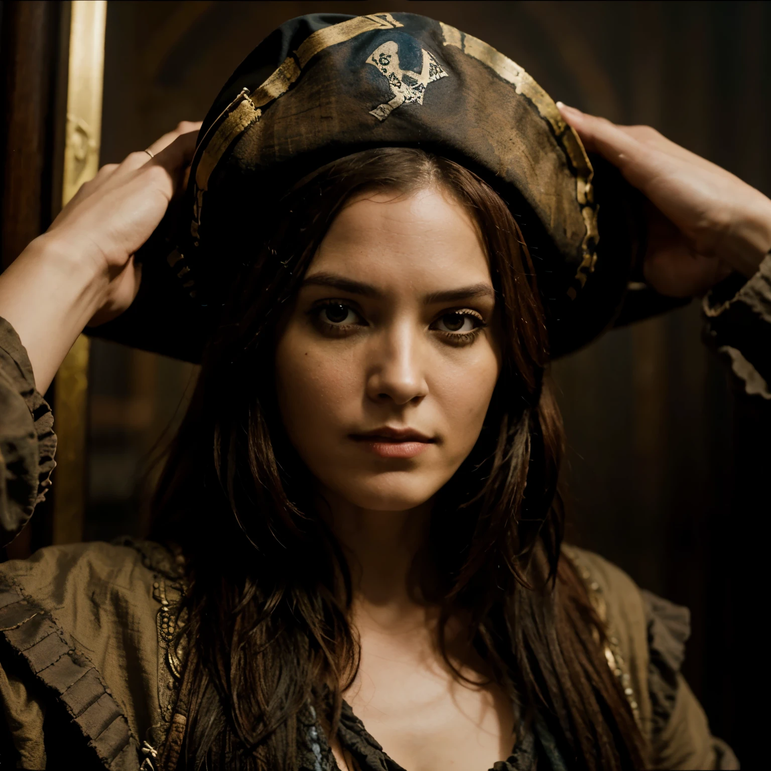 Create an image based on the Pirates of the Caribbean movie where Jack Sparrow is at the center, on one side is Elizabeth Swann and Will Turner, do outro lado uma jovem novata pirata. Em baixo escreva "Pirates of the Caribbean - The Curse of the Black Sea"