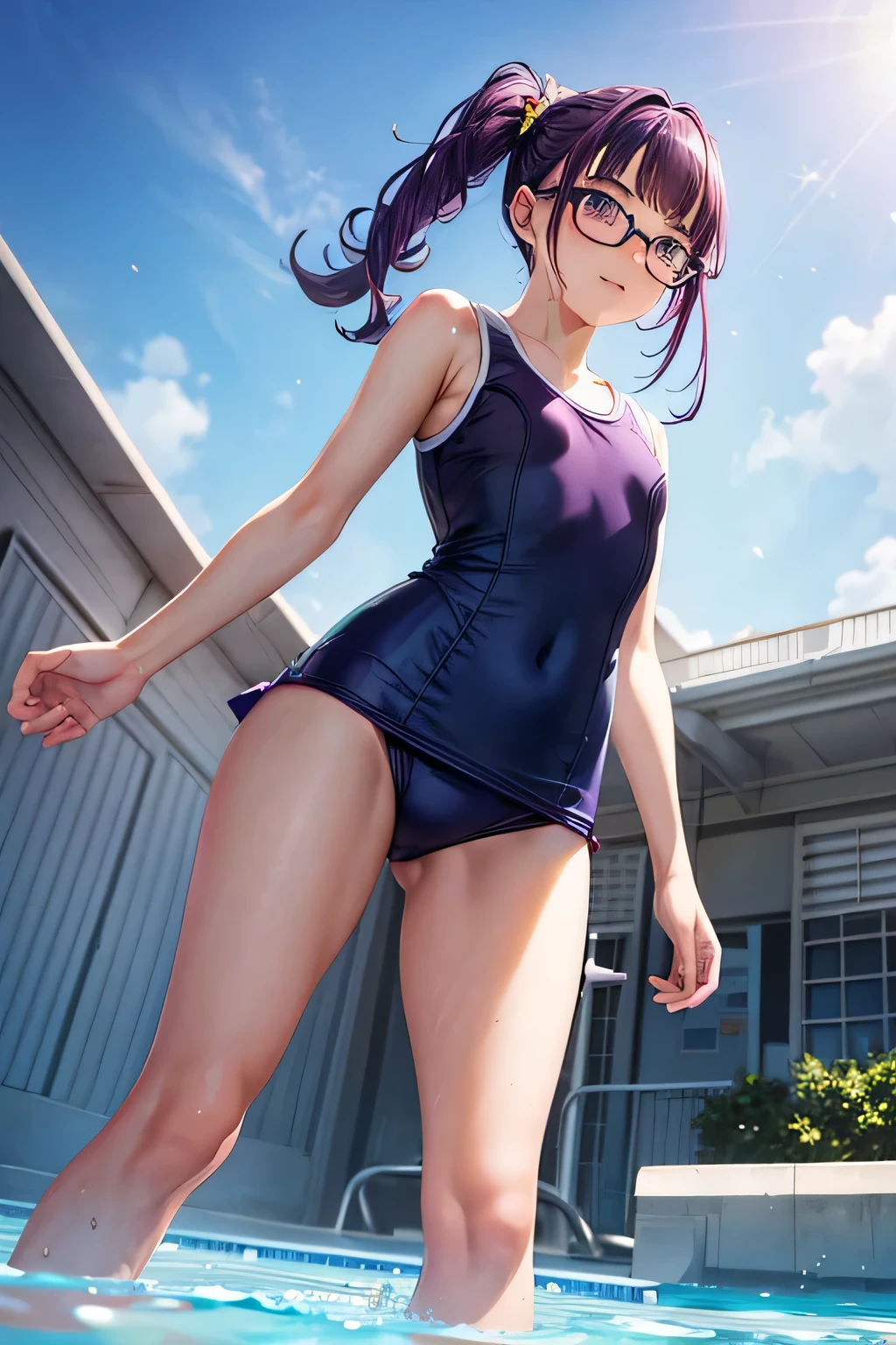 glasses、(((school swimwear)))、Beauty ballerina、Purple hair upstyle、((whole body))、(((photo taken from below)))、pool