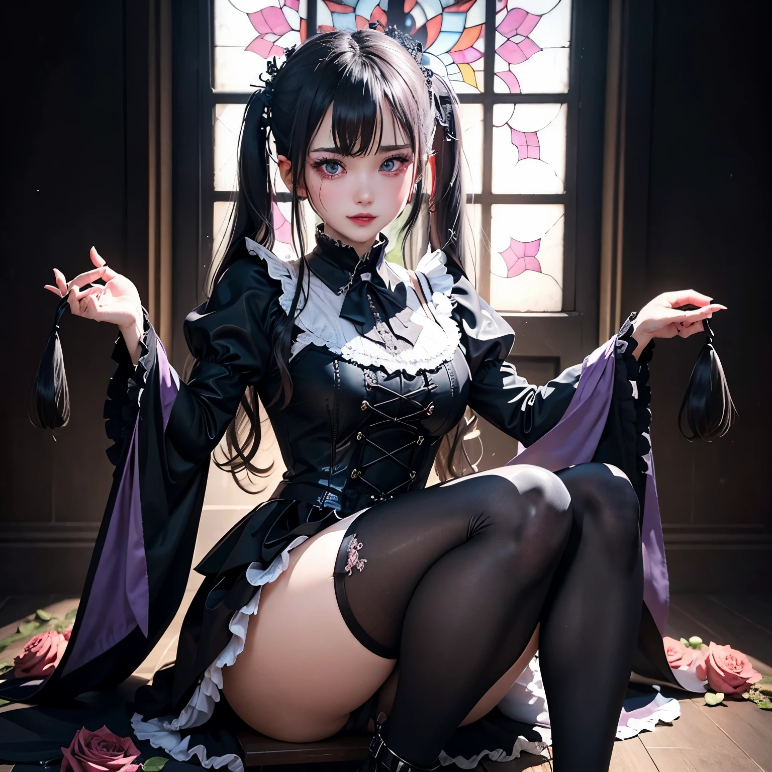 ハードdark gothicメイク、my sanity、deep night sky、horror、black dark eyeshadow、cry、grieve、Good skin glow、dark gothicメイク、dark smile、restless palace、fragrant beauty、22 years ago、lure、Expression of intense sexual pleasure、embarrassed look、dark gothic、lewd expression、highest quality、View 5 books、Expression of sexual pleasure in suffering、drunk face、purple maid outfit、Mysterious、Noble、A face that is holding back the toilet、super sexy、loving smile、twin tail hair、jet black ruffle skirt、right blue eye, left eye is red、Gothic bed covered in roses、Super bewitching pose、platform heel shoes、dark makeup、black lipstick、Stained glass、black metal world、open your legs loosely、make the world beautiful、Sitting on a bed of roses、gothic ta clothing、comb hair、A little slender、silver hair、long hair straight hair、Cute Gothic Loliress、beautiful face、elegant face、bewitching face、knee high socks、Stained glassが背景、My chest is shiny with lots of sweat、the room is dark、goth long dress、bell sleeve、wizard sleeve、decadent look、sexually excited look、gothic mode、Glossy thighs wet with water、Thighs wet and shiny with oil、Background of a room full of roses、sad expression、Rose Maiden、The embroidery is pink、The costume has pink embroidery、thigh high socks、kneel down、Put your knees on the floor、knee high socks、Her thighs shine with a lot of sweat.、My body is wet and shiny、Lots of glitter on the thighs、sweating、Lots of sweat and sticky thighs、Sweat glistens on the thighs, The whole body is sweaty and shiny、pretty sweaty、My thighs are sweaty、my thighs are so wet、I sweat a lot and my thighs are shiny...、A large amount of sweat shines all over the body、spread your legs wide、slender body、gentle expression、masturbation behavior、deep black eyeshadow、despicable act、Stained glassと薔薇背景、wearing black underwear、black panties、thin thighs、duo、female couple、i have lesbian friends、hug a girl、stick out your butt、kneel down、crawl on all fours、