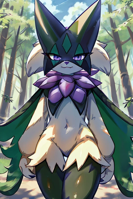 Masterpiece, Medium full shot Portrait, The best quality, the highest picture quality, Detailed, Meowscarada, Pokémon, short snout, detailed eyes, forest background, day, female, solo, shiny, purple eyes, happy