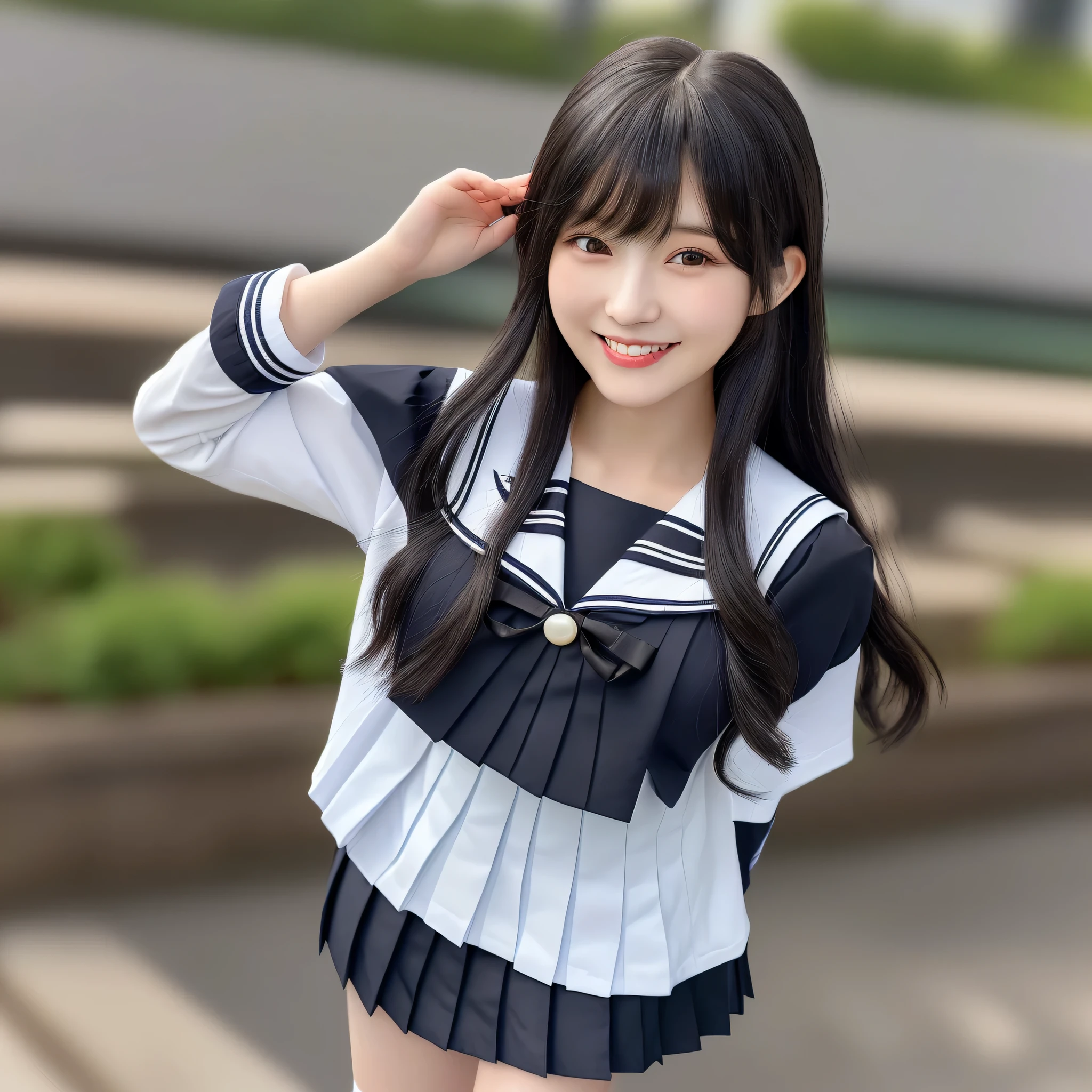 (hyper realism, 10, very detailed, highest quality, Super detailed, masterpiece, Super realistic, high detail, Raw photo, realistic,）((School、spring)）,(((sailor suit, school uniform))), (((black pleated skirt))), (black stockings),((Composition from the front))、highest quality, (((whole body)))、(((big chest、Ｇcup)))、beautiful japanese girl,long hair、black hair、Smiling with a sexual expression,, smile with a sexual expression, chest