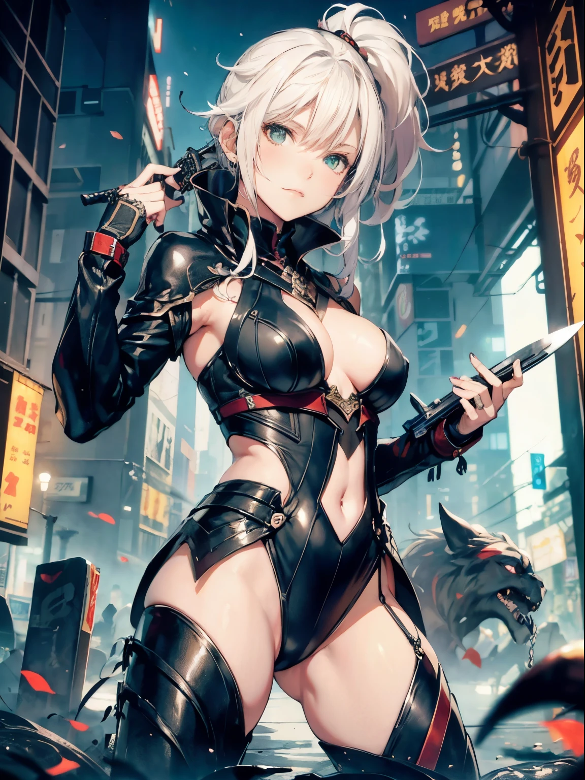 close shot, girl focus,Random pose,A female ninja on her way to her enemy,sexy full body, ponytail hair, skull drawing mask,sexy ninja suit, holding a metal battle knife,tattoo,japanese pagoda,pond, Sakura tree, kunai and shuriken lay around,artwork,3D,4K,Detailed,4k highly detailed digital art,octane render,masterpiece,best quality,ligne claire,(cool_color),perfect composition,absurdres, fantasy,focused, blonde hair, green eyes, leotard, bare legs, cowboy shot