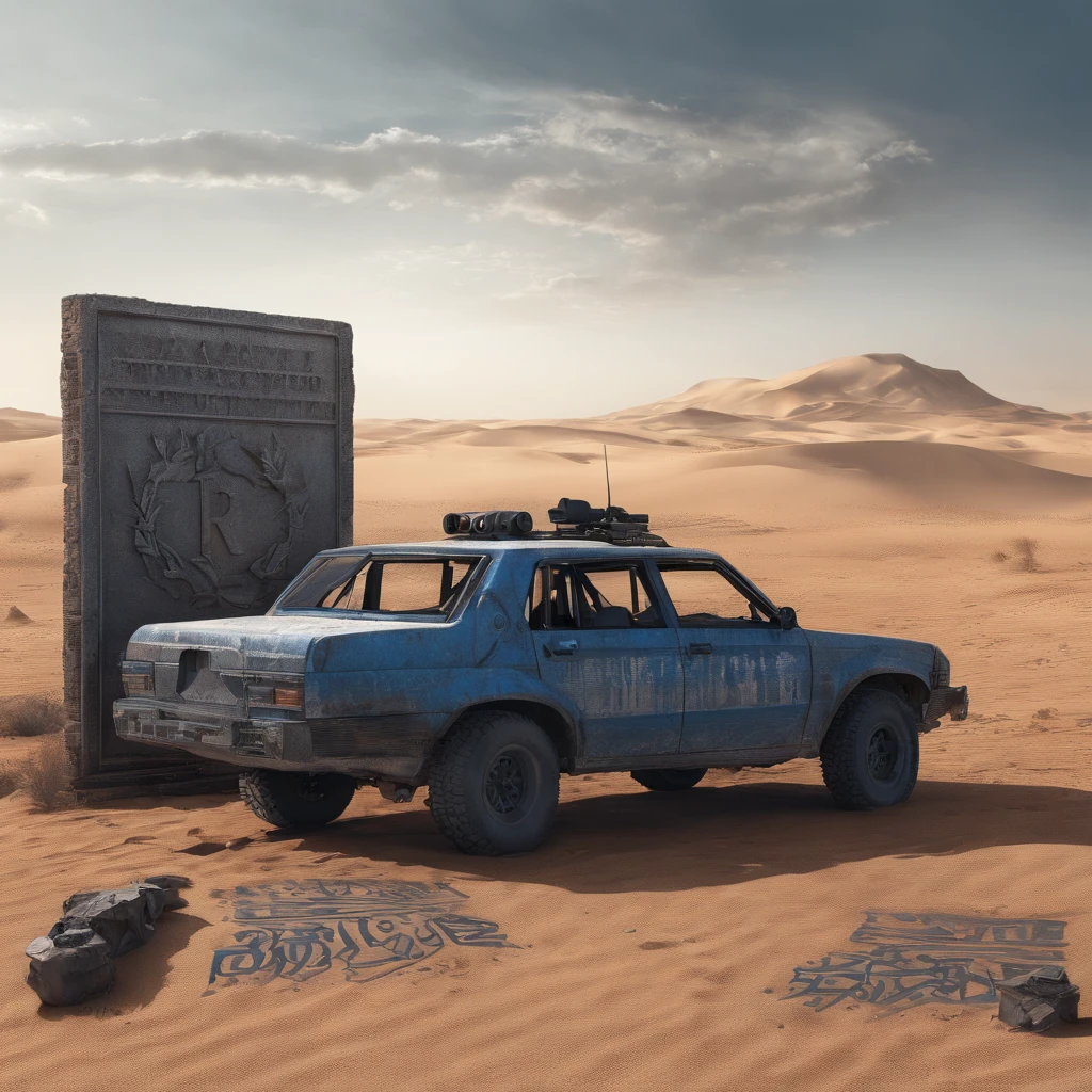 Blue metal lettering ÆRÖÖP,In the middle of the desert,fiery sun burns with fire,stone AK-47 next to the inscription, accuracy of the inscription,8 k,ultra detail