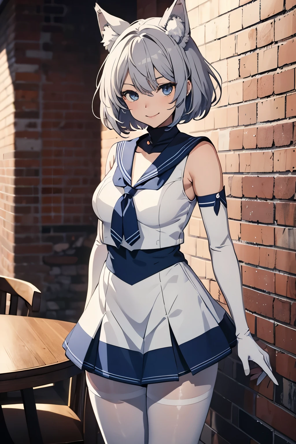 table top best image quality wonderful high detail One Young Woman((adult))anime style sailor suit(sleeveless) navy blue mini skirt white long gloves(elbow gloves) white pantyhose wolf ears short hair((shortcut)(gray hair)(curly hair)(fluffy)) smile(Happy) eye color is blue background(brick wall)