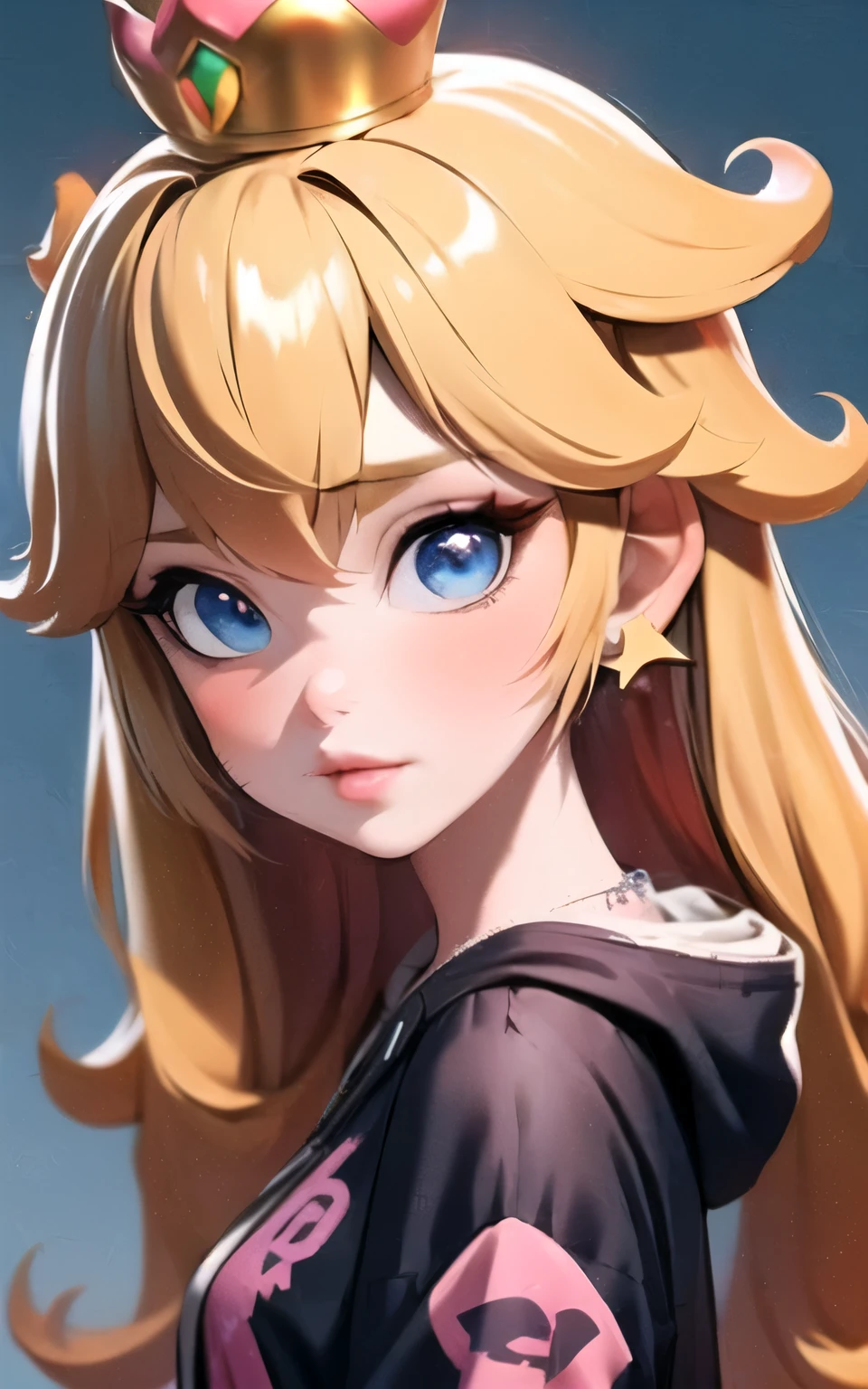 pixar, 1girl, blonde hair, princess peach, blue eyes, jewelry, earrings, crown, hoodie, looking at viewer, solo, hood, long hair, lips, eyelashes, casual, simple background
