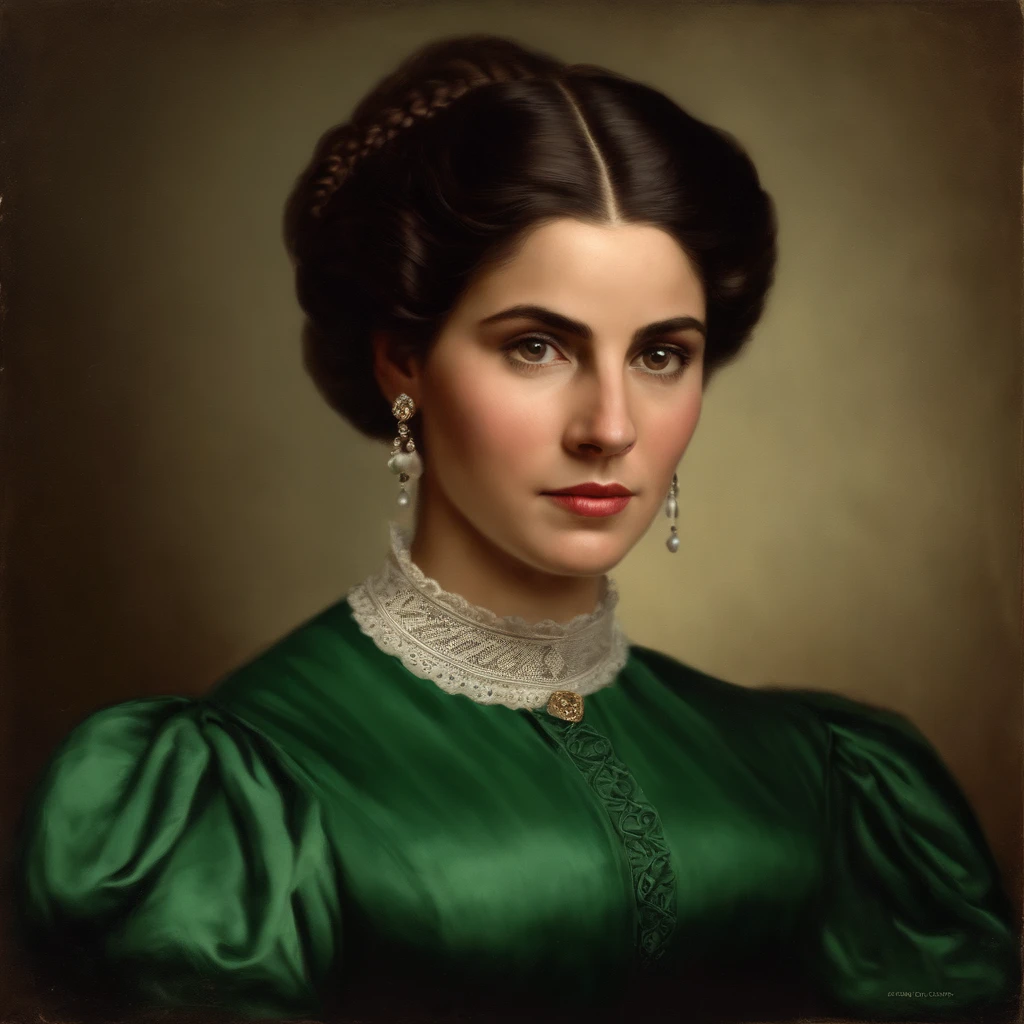 Colombia, Antioquia, year 1806. old image, vintage painting type, of an elegant and haughty rural school teacher. full body image (head to toe) in the classroom. 25 year old woman with green eyes. She wears a period dress, long to the floor, dark brown, blonde hair, a sober updo, her pose is classic and discreet, her hands are joined on her belly and she looks to one side of the camera lens.