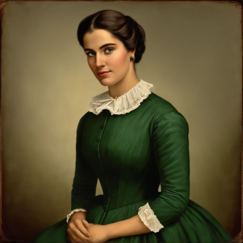 Colombia, Antioquia, year 1806. old image, vintage painting type, of an elegant and haughty rural school teacher. full body image (head to toe) in the classroom. 25 year old woman with green eyes. She wears a period dress, long to the floor, dark brown, blonde hair, a sober updo, her pose is classic and discreet, her hands are joined on her belly and she looks to one side of the camera lens.