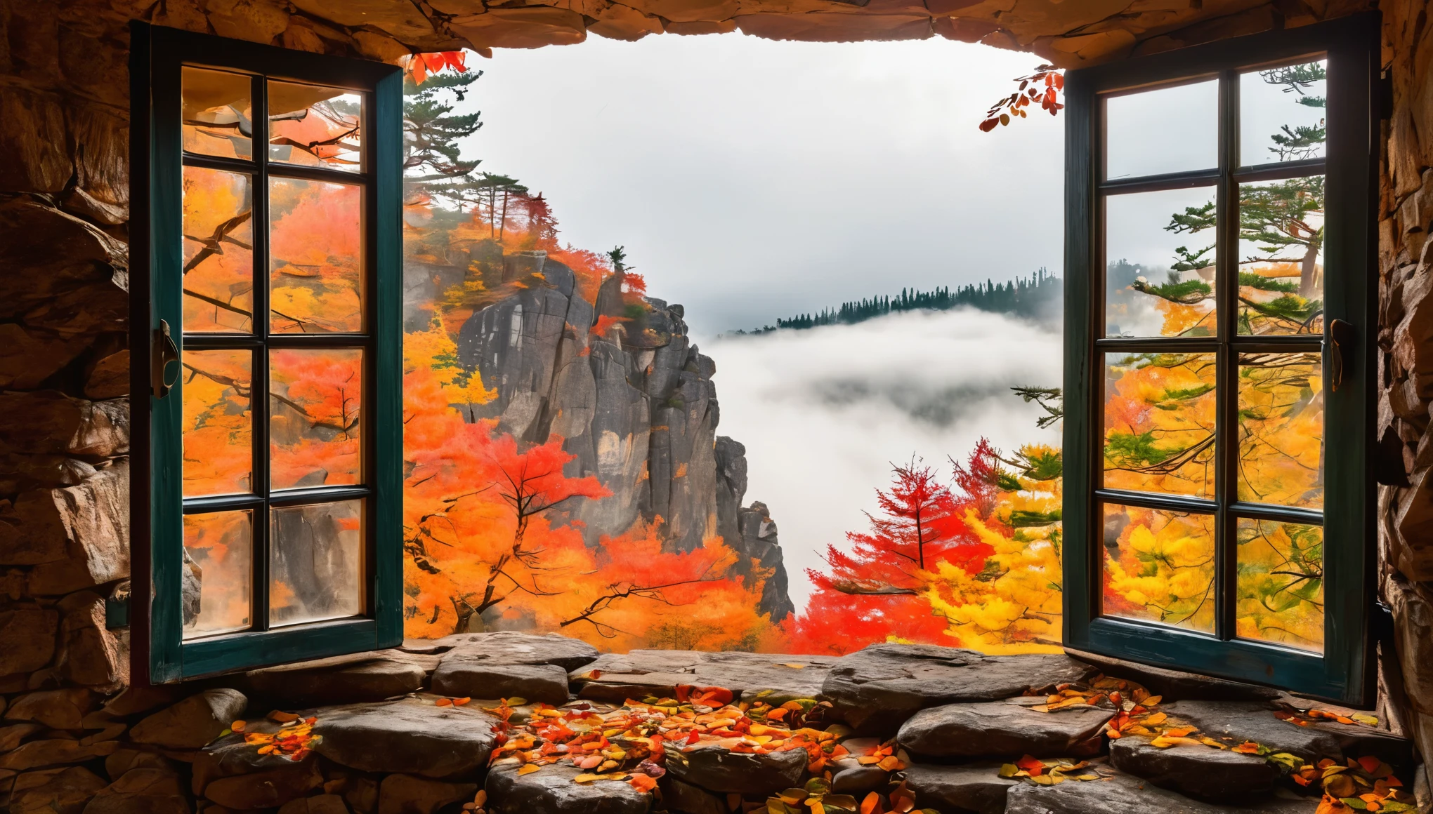 In the window of an old house, there is a view outside with many towering rocks surrounded by clouds and mist. The pine tree next to it has colorful leaves on its branches. In autumn, warm sunlight shines through the cracks of broken walls onto them. This scene was captured, presenting stunning scenery with ultrahigh resolution and high details. It's a masterpiece that shows the best quality of photography in the style of Canon cameras.