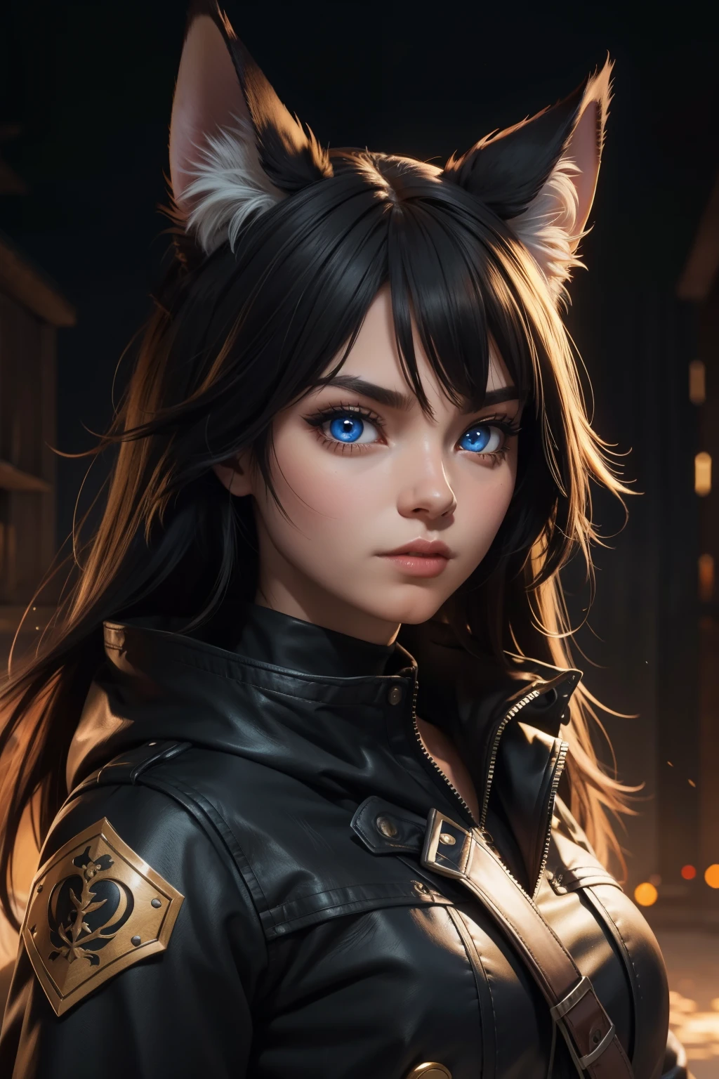 (high-quality, breathtaking),(expressive eyes, perfect face) 1girl, female, solo, furry, black fur, black kitsune, black fox, portrait, Symmetrical Eyes, headshot, animal ear fluff, fox tail, headshot, blue eyes, Pathfinder Character, TTRPG Pathfinder, detailed eyes, fox eyes,
