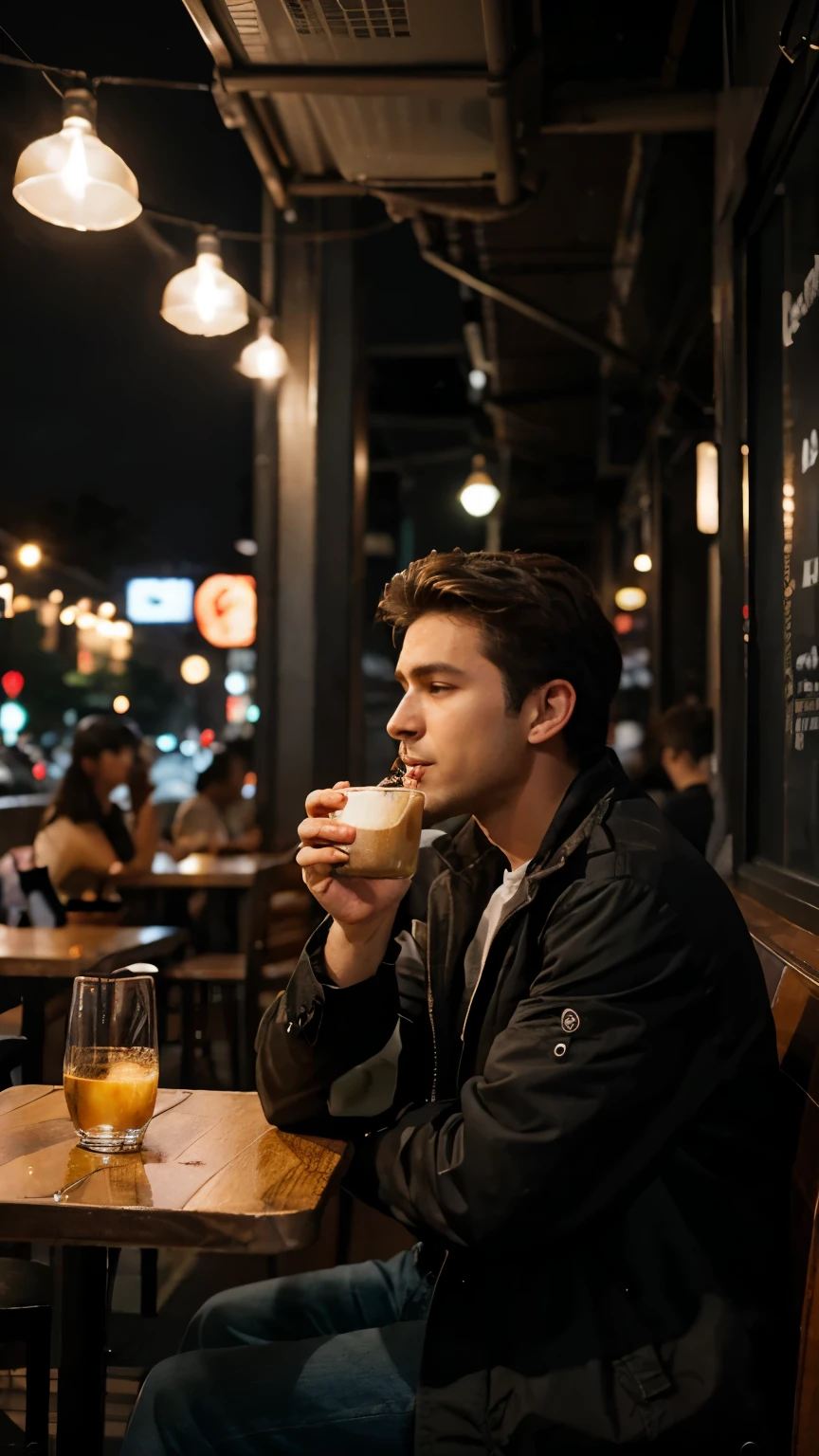 a half side of a guy eating at a cafe at night