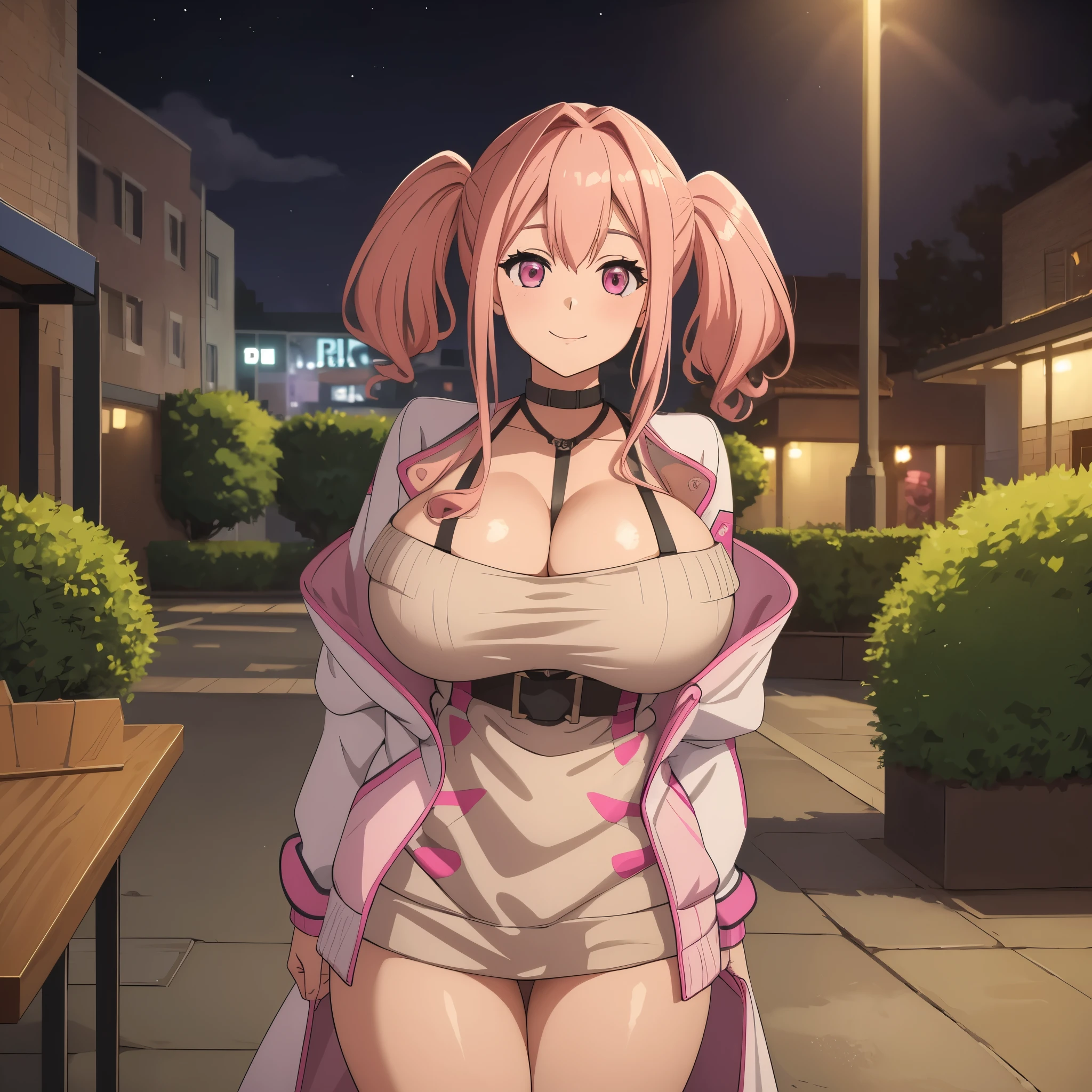 a woman with a cold coat, pigtails, pink hair with gray bangs, pink eyes, smiling, big breasts, toned thighs, in a park at night with a snack bar in the background, just one woman, solo,HDR, ultra resolution, very detailed, masterpiece, ultra quality, 4K HD.
