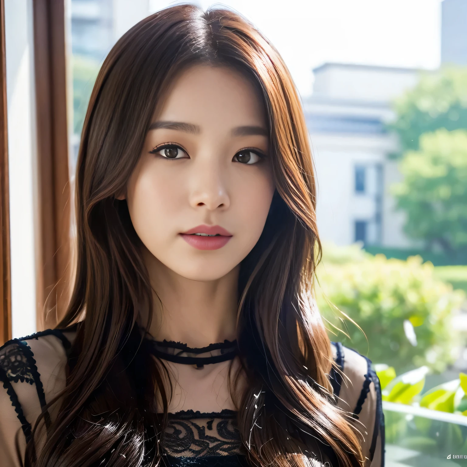 Dark brown hair、light brown eyes、Japan actress face、 miss、I'I like him and I'I'I am about 40 years old.、(intricate details:1.2)、(Which one is the top one???:1.4)、 (ultra high resolution:1.2)、ultra high resolution、(Fine tune)、(detailed facial features)、8K resolution、,facing the camera,avatar、(plant:0.8), fashion center, Extreme details, Very detailed, actual, ,、(Hello Photo:1.2)、From outside the window、Transparent Artwork、8K、32k、best quality、(Eye details)、1 girl、elegant、、