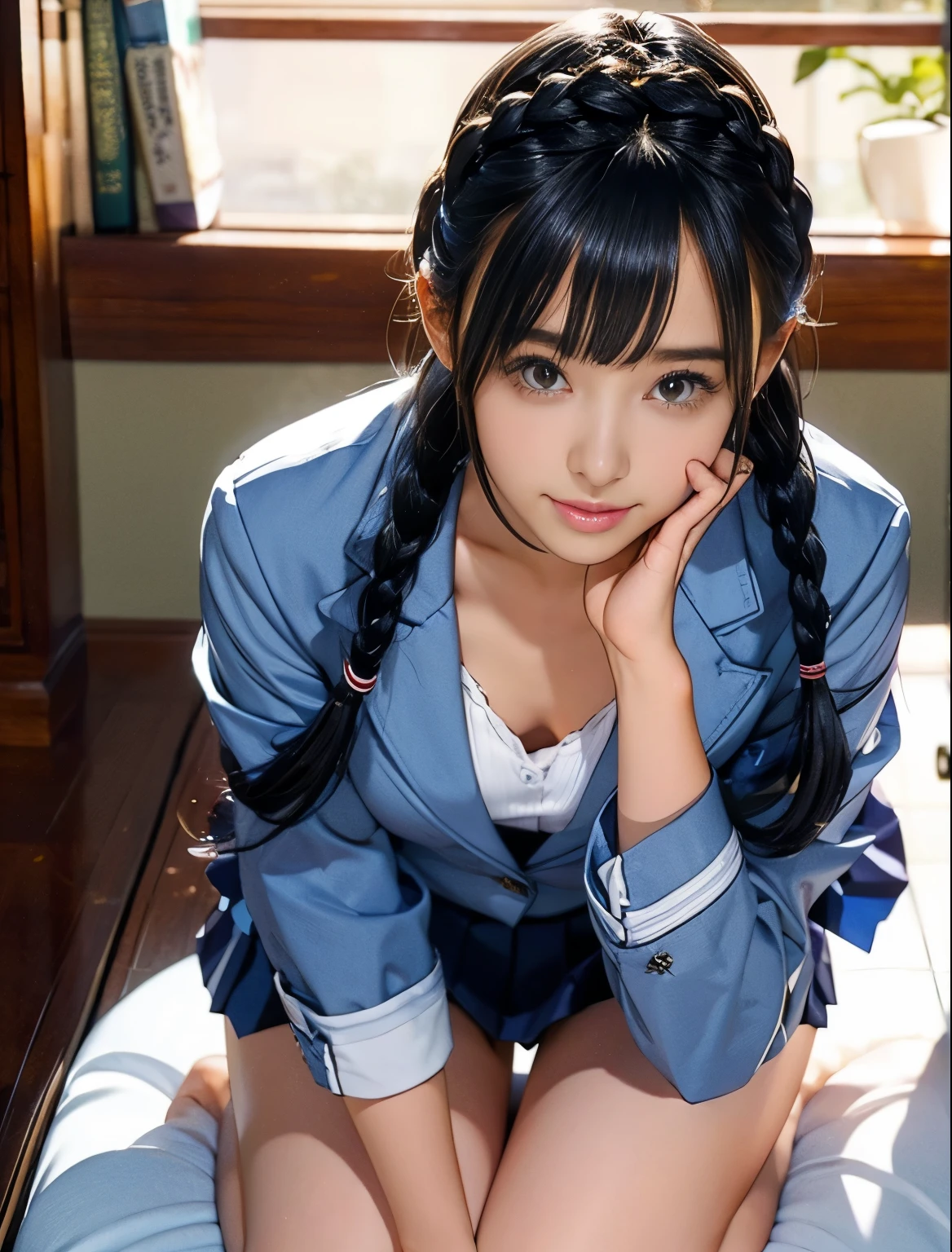 1 girl、A beautiful black-haired girl with braids staring at me.、Just smile a little、Idol-level cuteness、*********、Lift up your skirt yourself、panty shot、thin and long、small, Breasts in good shape、Healthy thighs、Navy blue blazer、White高领内衣、Navy blue mini skirt、White、In the library、knee high、Cowboy shooting、anatomically correct、precise fingers、Precise Linbuster Tablets、Accurately depicting faces、Photographic live-action、

