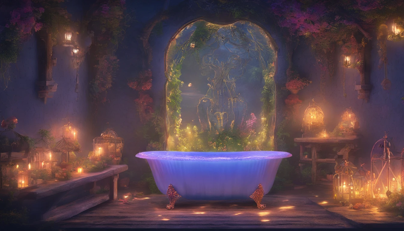 A fairy bathroom surrounded by a dark forest、Creates a quiet and enchanting atmosphere。The dimly lit walls are covered with soft pastel tiles.、It creates an atmosphere of tranquility and mystery.。The intricately carved wooden bathtub、It is filled with bright hot water that glows quietly in the darkness.。Delicate vines blooming little flowers on the walls、It creates a fantastic atmosphere。A cascading shower decorated with shimmering crystals radiates warm water.。On the quaint little shelf、Small bottles of aromatic oils and elixirs are stored here.、Experience a blissful aromatic bath。Dimly lit place、Relax in the mystical bathroom。very realistic、photograph、one person perspective、super detail、high detail、high quality、8K、