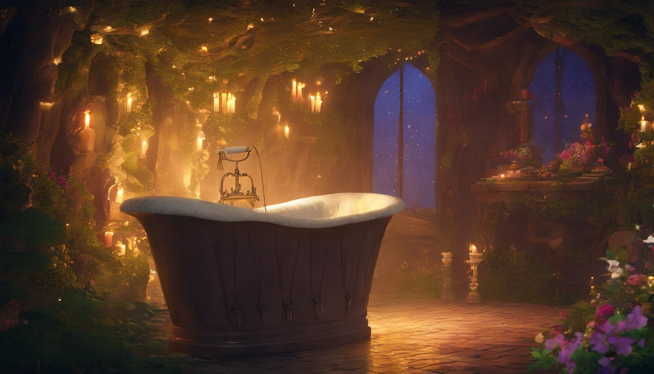 A fairy bathroom surrounded by a dark forest、Creates a quiet and enchanting atmosphere。The dimly lit walls are covered with soft pastel tiles.、It creates an atmosphere of tranquility and mystery.。The intricately carved wooden bathtub、It is filled with bright hot water that glows quietly in the darkness.。Delicate vines blooming little flowers on the walls、It creates a fantastic atmosphere。A cascading shower decorated with shimmering crystals radiates warm water.。On the quaint little shelf、Small bottles of aromatic oils and elixirs are stored here.、Experience a blissful aromatic bath。Dimly lit place、Relax in the mystical bathroom。very realistic、photograph、one person perspective、super detail、high detail、high quality、8K、