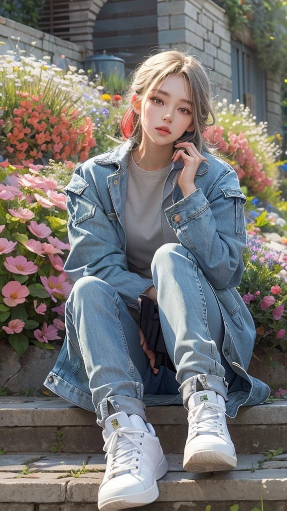 (Highly detailed CG unit 8k wallpaper, masterpiece, High resolution, highest quality, highest qualityのリアルテクスチャスキン), Fashion model sitting on the edge of a flower bed, Close-up:1.2, Ash gray shorthair:1.3, Stalgic and inorganic fashion, (Maxi-length layered tight skirt, Long sleeve wide denim jacket, white sneakers), (An empty alley in the French countryside:1.3, Colourful flower beds along the road, cobblestone road), hyper realistic, digital painting, concept art,