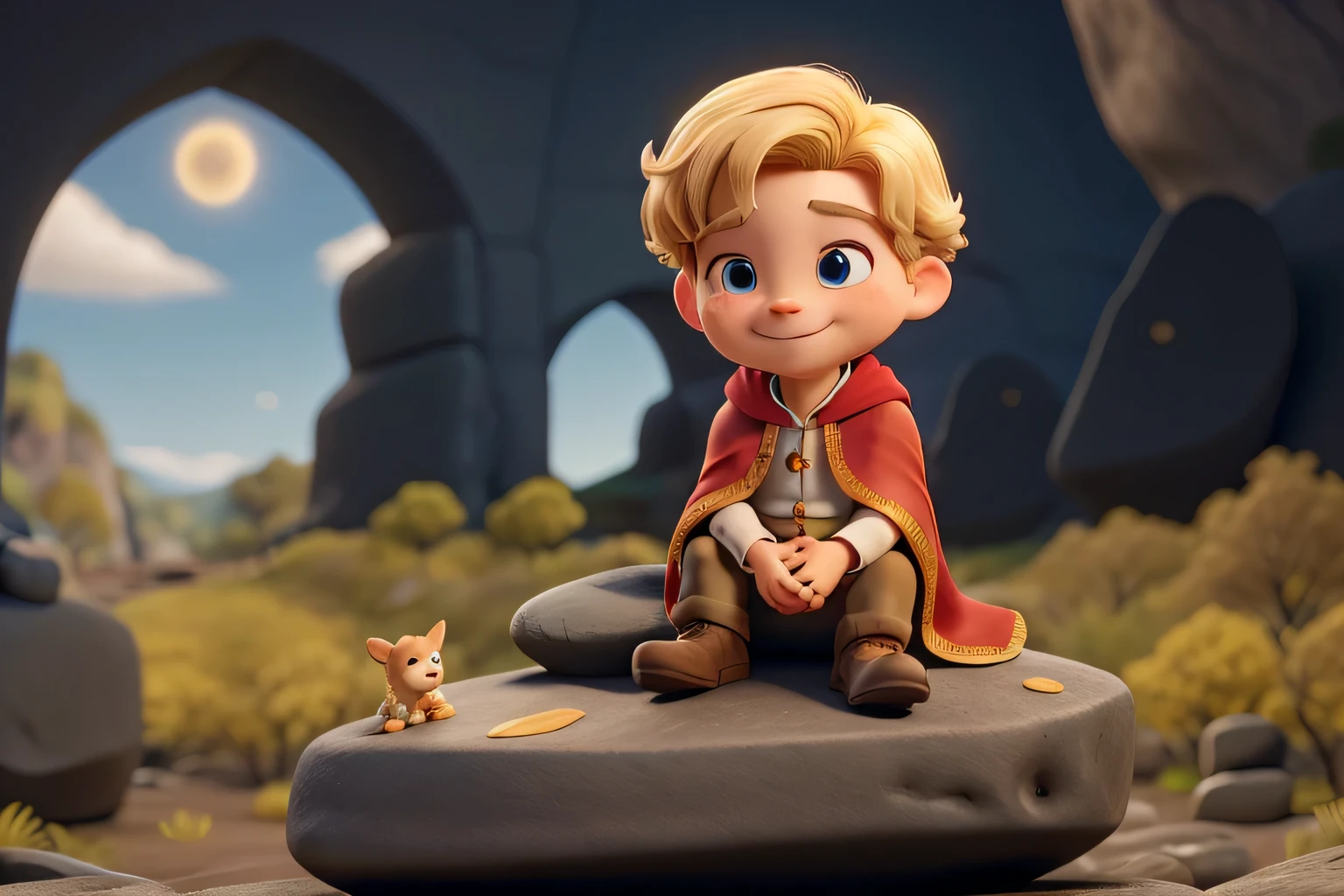 The little blond prince in a red cape is sitting on a happy rock