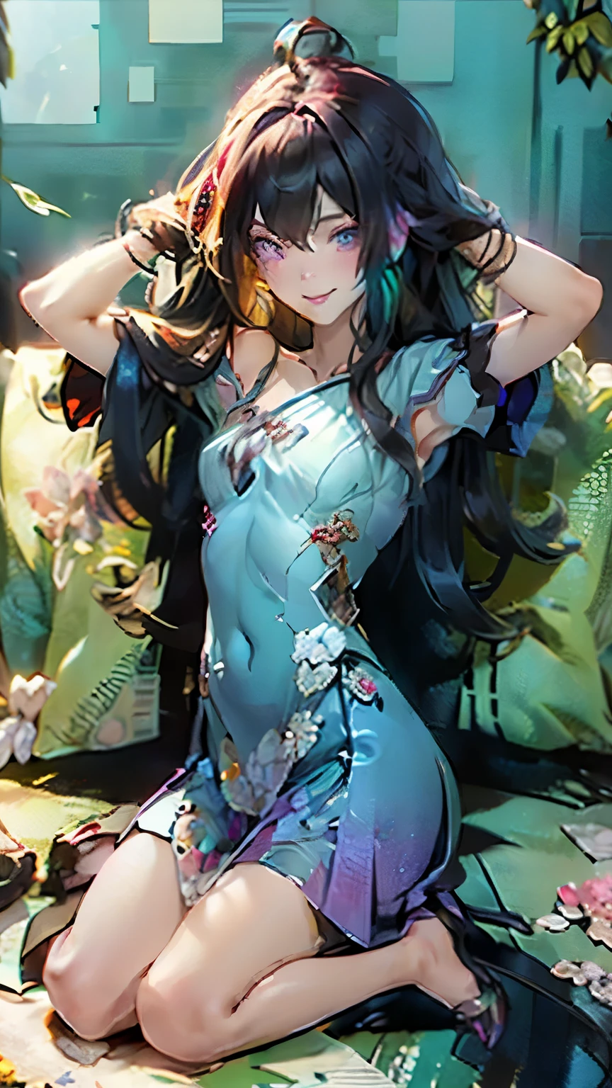 (masterpiece), (best quality), (ultra detailed),(illustration), (1girl), ((small breast:1.5)),(Wearing a Unique Aodai ), Fashion model, looking at viewer, (interview), (simple background),beautiful detailed eyes, delicate beautiful face,(high saturation),(colorful splashes),colorful bubble,(shining), focus on face, (( Jet hair)), bangs ,(( shoulder lenght hairs:1.5 )).Girl, anime waifu,((small breast:1.5)), highlydetailed, reflections transparent iridescent colors, long transparent iridescent RGB hair, artby Serafleur from artstation, thick acrylic,illustration on pixiv, waist up portrait, gorgeoussacred girl, best quality, ultra detailed,sad,clever,beautiful face , beautiful lighton black background, Character stvle renderedby Octane,cute emotion, cute smile,((Egyptian Blue unique Aodai)),(( Ultra Violet Aoda mofits pattern))
