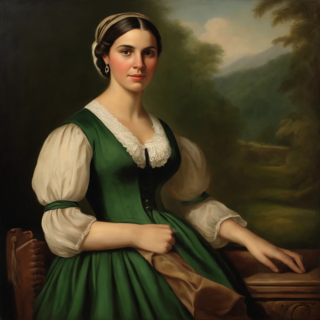 Colombia, Antioquia, year 1806. old image, vintage painting type, of an elegant and haughty rural school teacher. full body image (head to toe) in the classroom. 25 year old woman with green eyes. She wears a period dress, long to the floor, dark brown, blonde hair, a sober updo, her pose is classic and discreet, her hands are joined on her belly and she looks to one side of the camera lens.