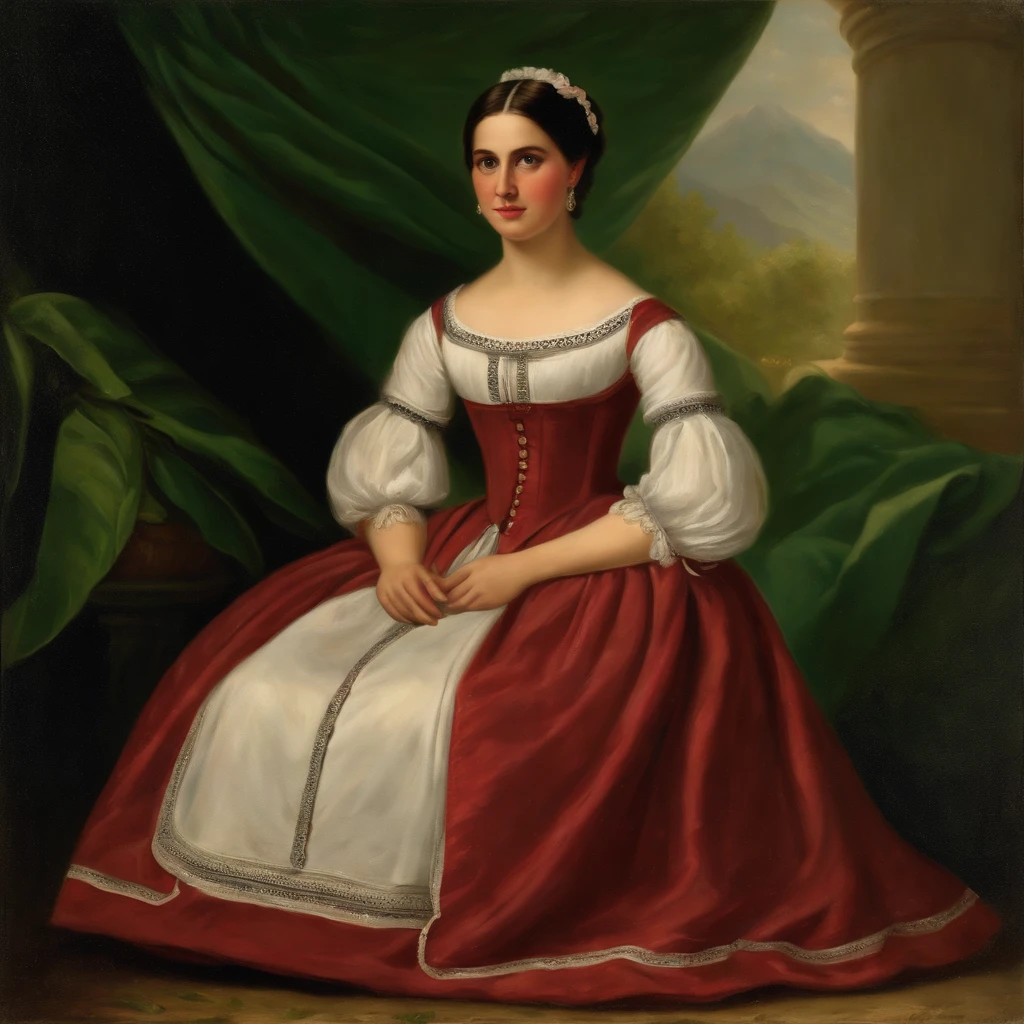 Colombia, Antioquia, year 1806. old image, vintage painting type, of an elegant and haughty rural school teacher. full body image (head to toe) in the classroom. 25 year old woman with green eyes. She wears a period dress, long to the floor, dark brown, blonde hair, a sober updo, her pose is classic and discreet, her hands are joined on her belly and she looks to one side of the camera lens.