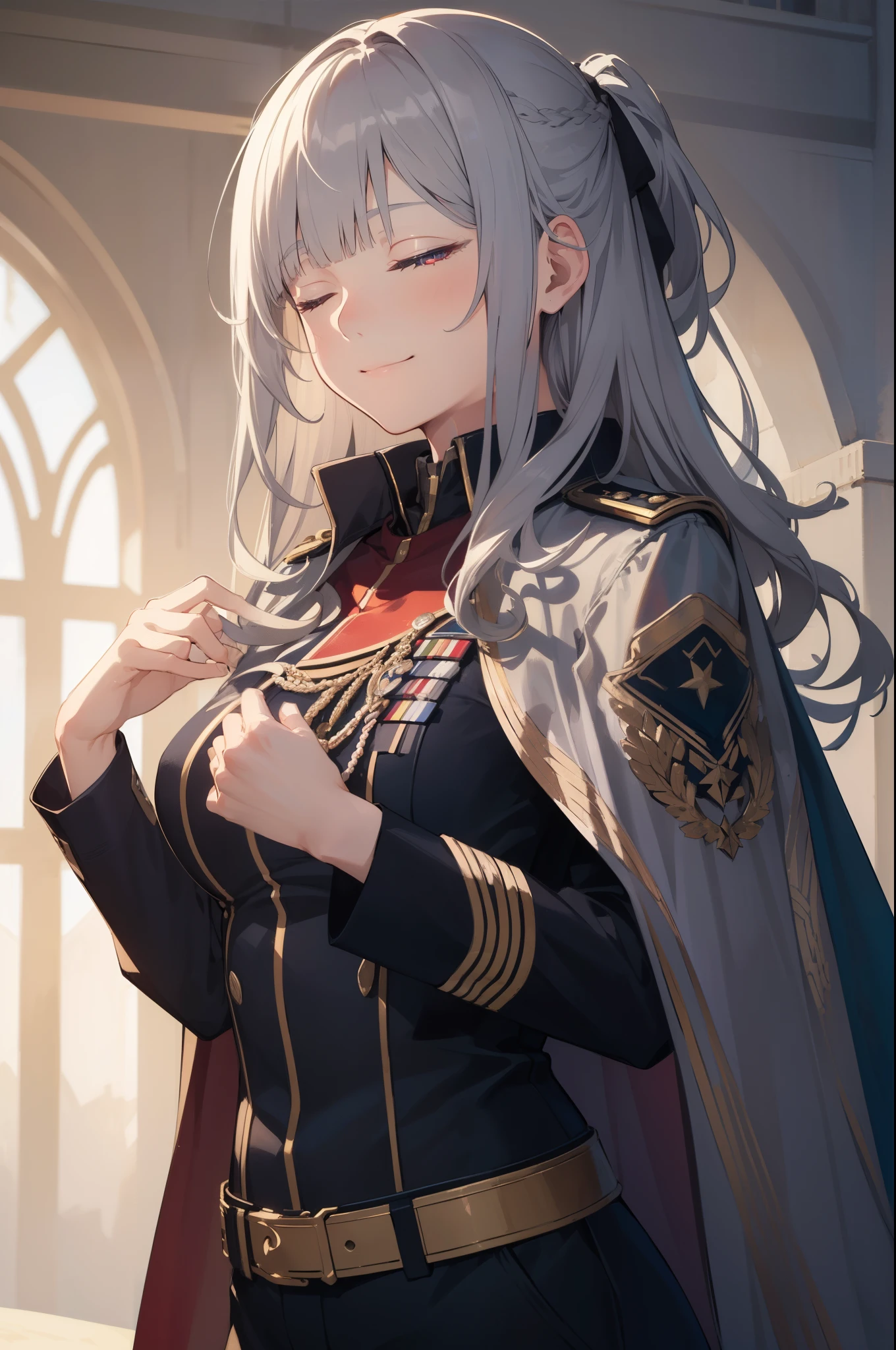 (best quality:1.3), (masterpiece:1.3), (illustration:1.3), (ultra-detailed:1.3), (mid shot:0.9), 1girl, large breasts, eyes closed, long hair, ((military uniform, gray hair, cape)), nice hands, perfect hands, black coat, elegant, black uniform, white long pants, hands on sides, ak12, bangs, long hair, soldiers, light smile, magic, magical, 