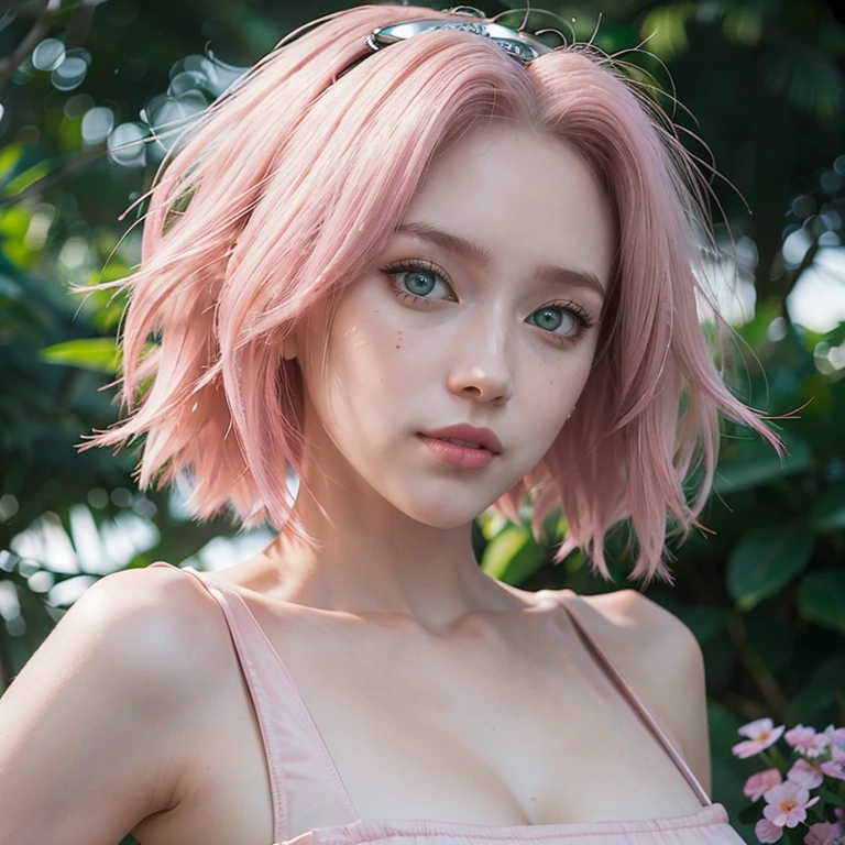 young woman, short shoulder-length pink hair, wide forehead, porcelain skin, pink eyebrows, big emerald green eyes, buttoned nose, full lips, heart-shaped face, slender body, small breasts, red tank top, Sakura Haruno , realistic, realism, details, 3d, well detailed
