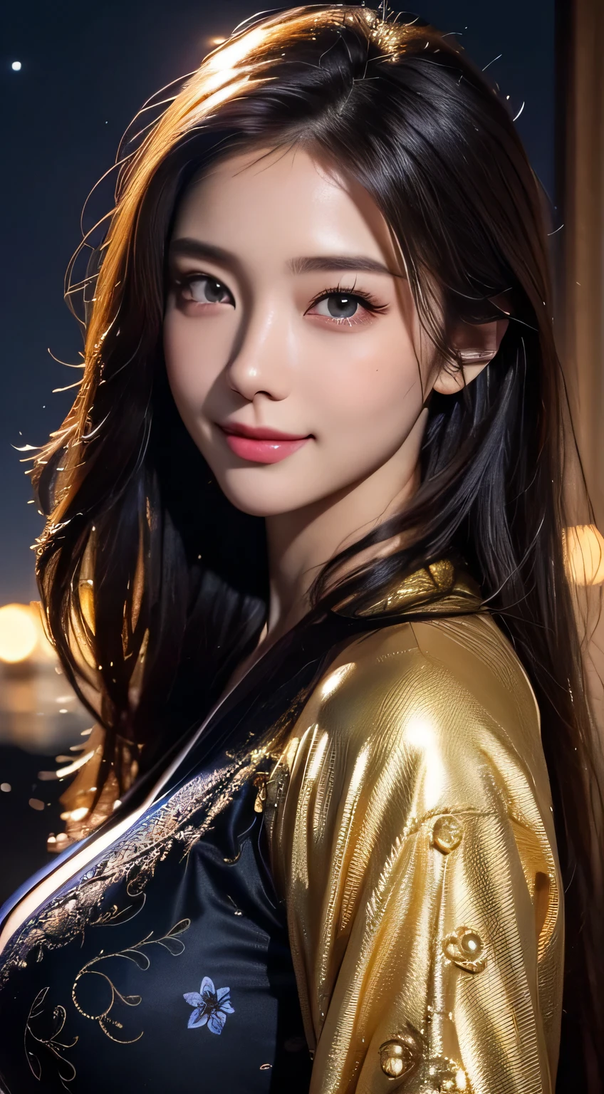 Beautiful woman in kimono,body portrait、8k,fine and beautiful eyes,Dindal effect、masterpiece, 最high quality, high quality, High resolution、very detailed photos、(natural skin texture、fine skin、hyper realism、Super sharpness)、high detail skin、(very detailed、fine skin texture、intricate details、beautiful face、(lifelike face)、realistic eyes、beautiful and detailed eyes、real looking skin、beautiful skin、surreal、very detailed、golden ratio、with smiling eyes、((night moonlight background))、body portrait、G cup、big breasts,glamorous,shiny bodysuit