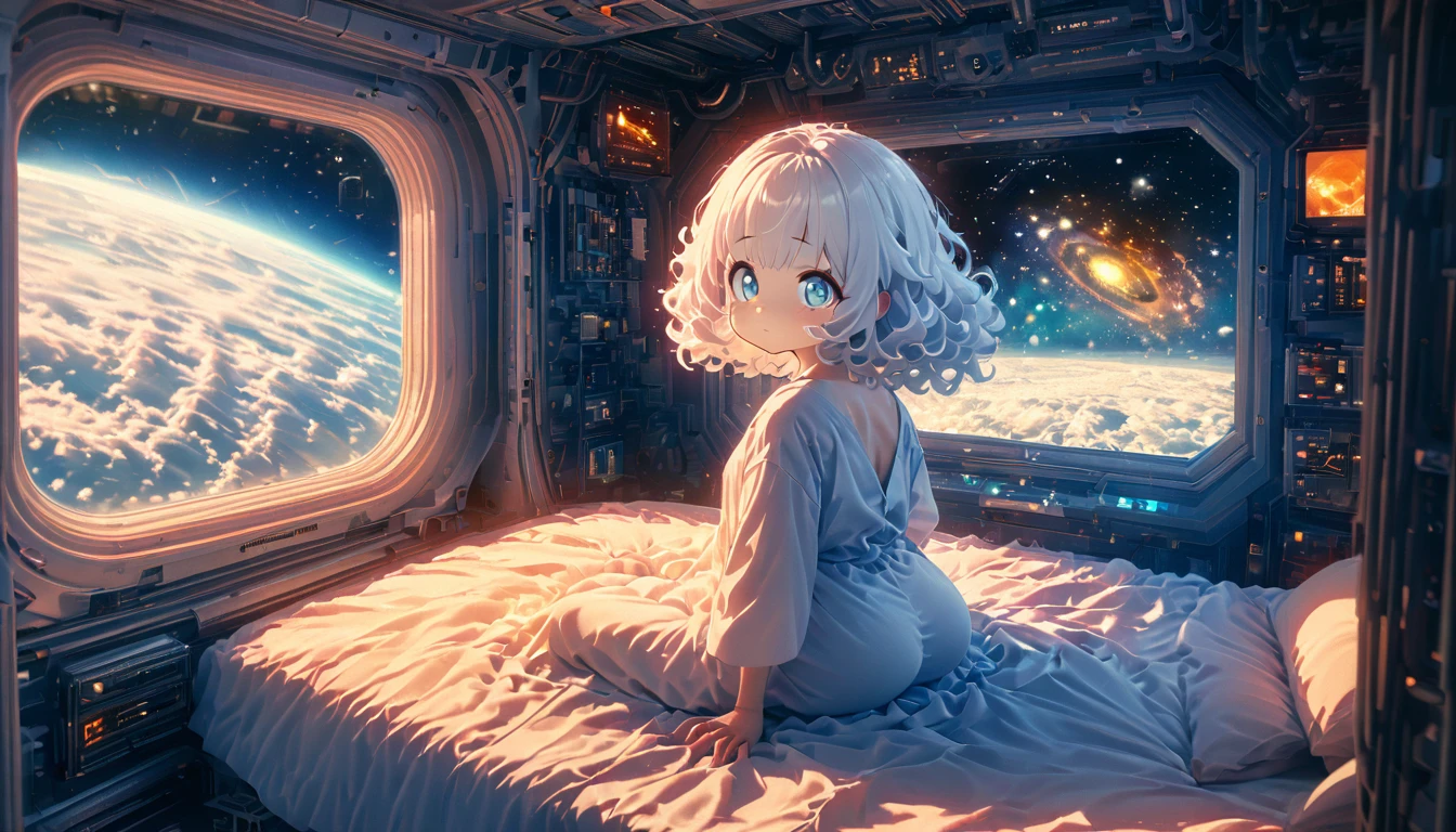 #quality(8k,wallpaper of extremely detailed CG unit, ​masterpiece, hight resolution, top-quality, top-quality real texture skin,hyper realisitic, digitial painting,increase the resolution,RAW photos，best qualtiy,highly detailed,the wallpaper), solo,#1girl(cute, kawaii,small kid,hair floating,white hair,hair shining brightly,curly hair,long hair,messy hair,eye color cosmic,big eyes,pale skin,breast,detailed face,sad face,white hospital gown,looking at the window,lie on bed,from back:2.0,super long shot),#background(huge window,hospital room,at night:1.4,you can see galaxy from window:2.0,from back,super long shot),nsfw,long veiw,super long shot