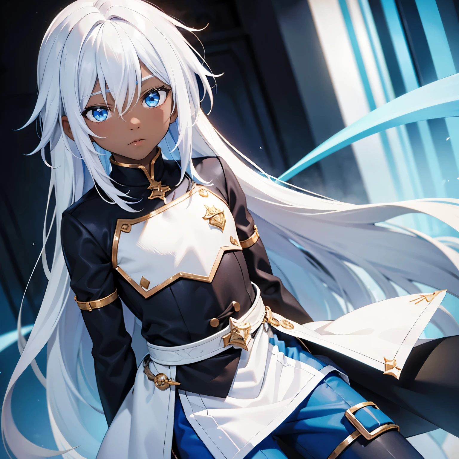 White hair, blue hair strips, long hair, blue eyes, black skin, boy, male, guy, short, small