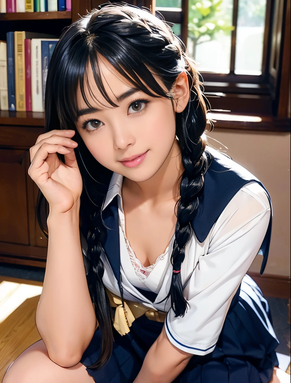 1 girl、A beautiful black-haired girl with braids staring at me.、Just smile a little、Idol-level cuteness、baby face、Lift up your skirt yourself、panty shot、thin and long、small, Breasts in good shape、Healthy thighs、Navy blue blazer、White高领内衣、Navy blue mini skirt、White、In the library、knee high、Cowboy shooting、anatomically correct、precise fingers、Precise Linbuster Tablets、Accurately depicting faces、Photographic live-action、

