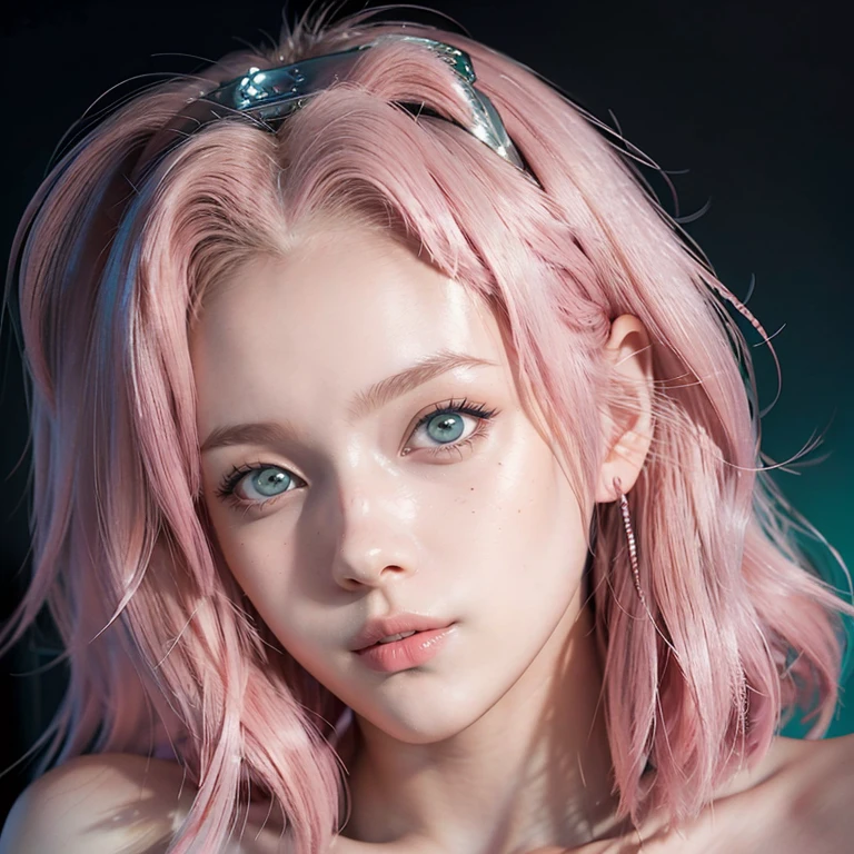 young woman, short shoulder-length pink hair, wide forehead, porcelain skin, pink eyebrows, big emerald green eyes, buttoned nose, full lips, heart-shaped face, slender body, small breasts, red tank top, Sakura Haruno , realistic, realism, details, 3d, well detailed
