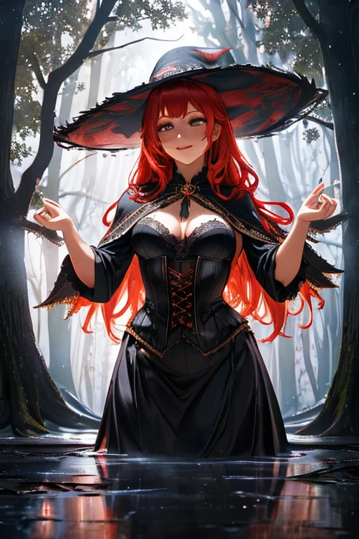 a volumptuous woman with long red hair, wearing a witch hat and alluring witch clothes, with an evil and seductive smile, piercing yellow eyes,(best quality,4k,8k,highres,masterpiece:1.2),anime,intricate details,dramatic lighting,dark fantasy,dark magic,mystical atmosphere,gothic
